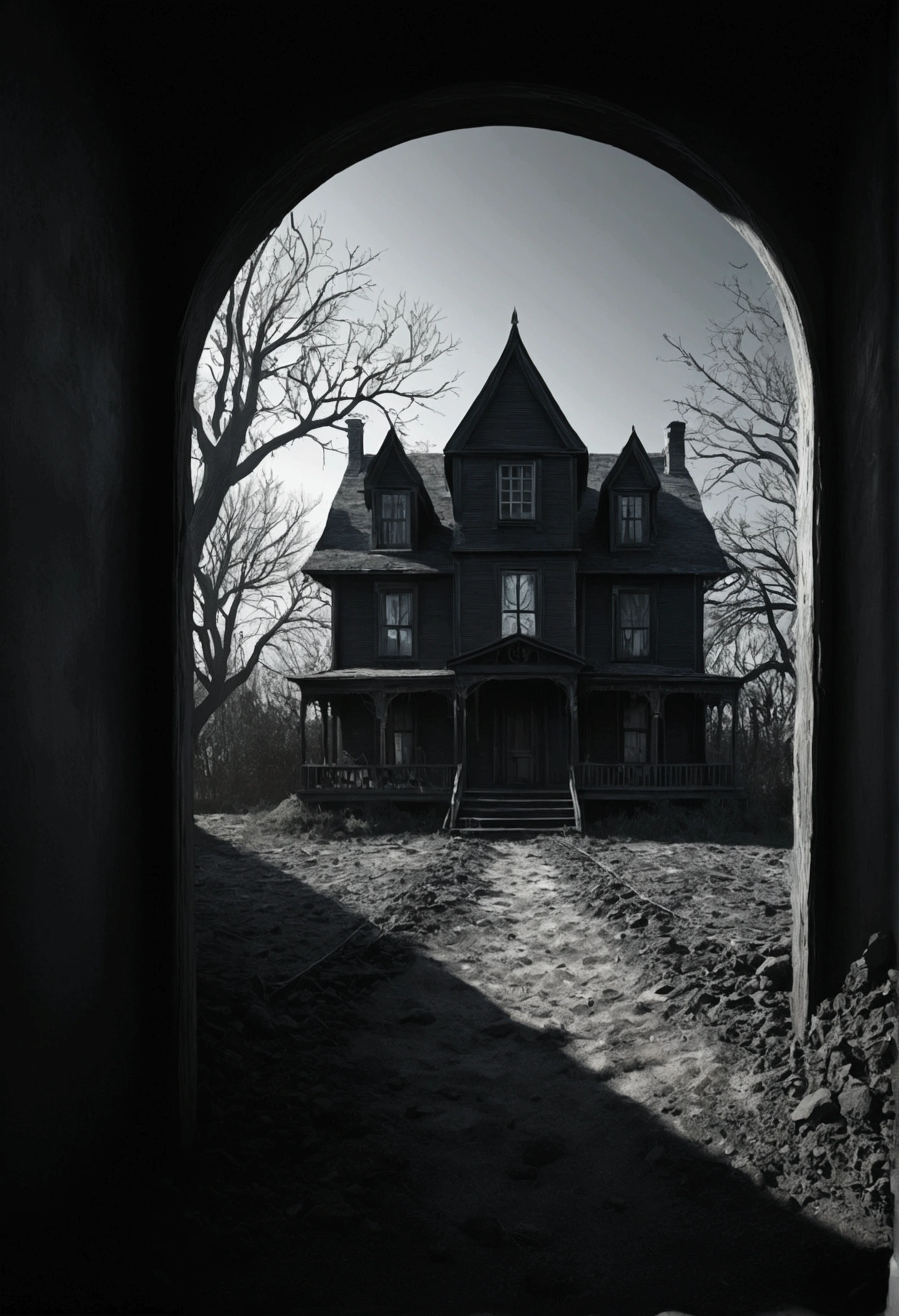 of, High Detail, Composition, Dramatic light, deformation, Ultra wide-angle lens, Surrealism，Creepy，black，mystery，Deep Shadows，dark psychology，，Vector Style，mind manipulation，landscape，nobody