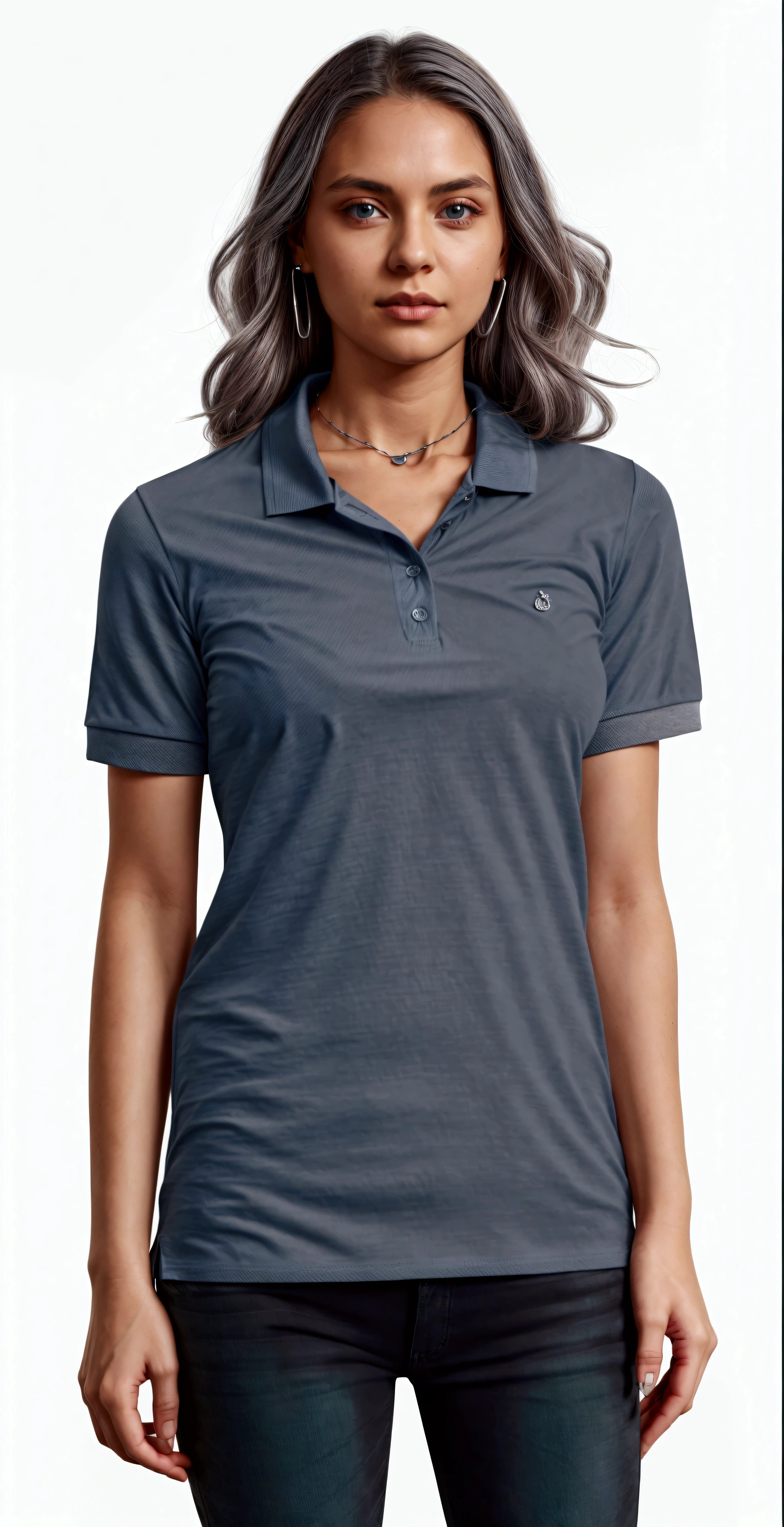 a woman wearing a gray polo shirt and jeans, gray shirt, wearing polo shirt, manga curta, collar shirt, wearing a dark blue polo shirt, academic clothes, in a dark teal polo shirt, in metallic gray, gray screen, neck collar, in a dark green polo shirt, gray dark, steel gray body, neckleace, casual outfit