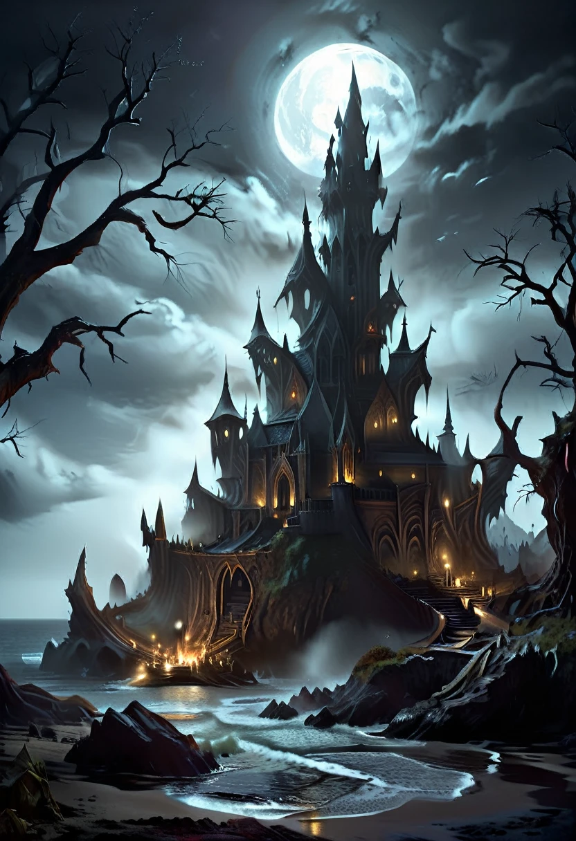 arafed, dark fantasy art, goth art,  an award winning digital picture, National Geographic picture of a dark mysterious island at night, it is night time, a dark island, dark gloomy beach, skull on the beach, some large ancient trees, a dark castle, lit with torches, necromancy magic, full moon, some stars,  Ultra-high resolution, High Contrast, (masterpiece:1.5), highest quality, Best aesthetics), 16K fantasy art, best details, best quality, highres, (ultra wide angle: 1.2), 16k, [ultra detailed], masterpiece, best quality, (extremely detailed), ladyshadow, dark fantasy, NecromancyAI