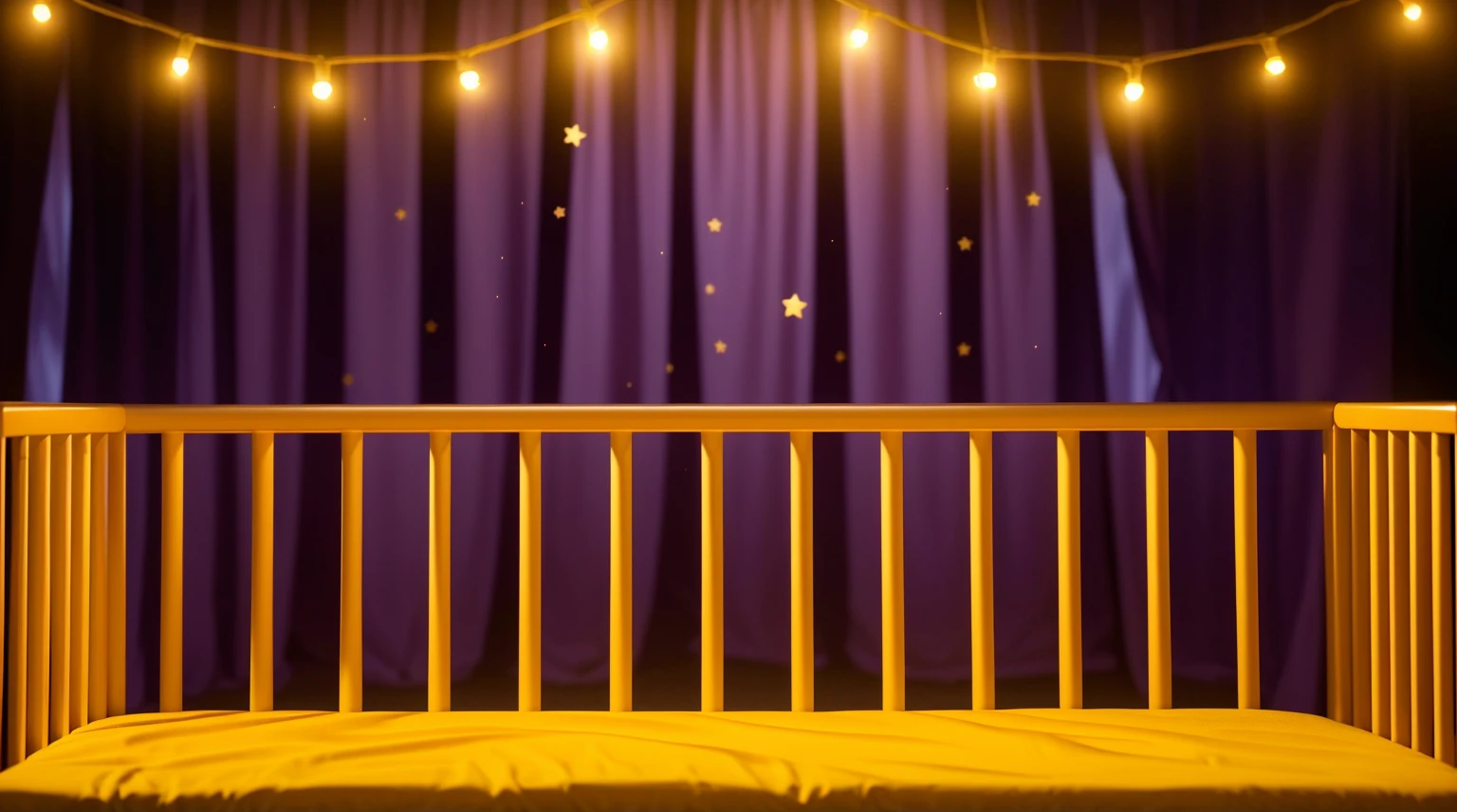 This image portrays a cozy and whimsical scene within a child's crib. The crib, with its warm orange and yellow wooden bars, stands against a vibrant backdrop of deep purple curtains adorned with stars. Strung across the top are charming yellow fairy lights, adding a magical and soothing ambiance. The crib bedding is a plush golden blanket, inviting and soft, suggesting a comfortable and secure resting place for a . This setting exudes a sense of warmth and safety, ideal for a child's imaginative and peaceful slumber. аffects render, (glossy plastic texture with multiple big light probe refractions), perfect cgi, smooth silhouette, high intensity refraction, (super glossy plastic material), most beautiful vfx, , realistic, 4k, high resolution, rim light, smooth 3d model, multiple light sources, rim light, sharp post effects render,, realistic, 4k, high resolution, rim light detailed digital art, reflective, best quality, 4k, masterpiece:1.2, ultra-detailed, realistic, vivid colors, The image of the highest quality, ensuring every detail showcased perfectly. It in 4k resolution, allowing viewers to immerse themselves in the richness of the colors and intricate details. The realistic rendering. under the spotlight, reflecting, high-resolution image, realistic rendering