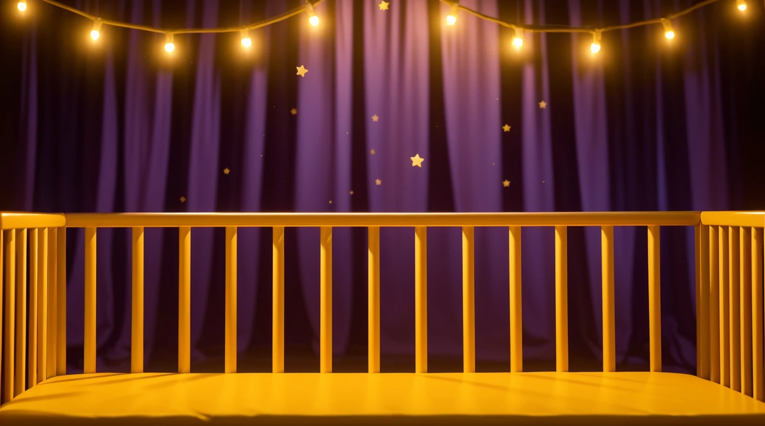 This image portrays a cozy and whimsical scene within a child's crib. The crib, with its warm orange and yellow wooden bars, stands against a vibrant backdrop of deep purple curtains adorned with stars. Strung across the top are charming yellow fairy lights, adding a magical and soothing ambiance. The crib bedding is a plush golden blanket, inviting and soft, suggesting a comfortable and secure resting place for a . This setting exudes a sense of warmth and safety, ideal for a child's imaginative and peaceful slumber. аffects render, (glossy plastic texture with multiple big light probe refractions), perfect cgi, smooth silhouette, high intensity refraction, (super glossy plastic material), most beautiful vfx, , realistic, 4k, high resolution, rim light, smooth 3d model, multiple light sources, rim light, sharp post effects render,, realistic, 4k, high resolution, rim light detailed digital art, reflective, best quality, 4k, masterpiece:1.2, ultra-detailed, realistic, vivid colors, The image of the highest quality, ensuring every detail showcased perfectly. It in 4k resolution, allowing viewers to immerse themselves in the richness of the colors and intricate details. The realistic rendering. under the spotlight, reflecting, high-resolution image, realistic rendering