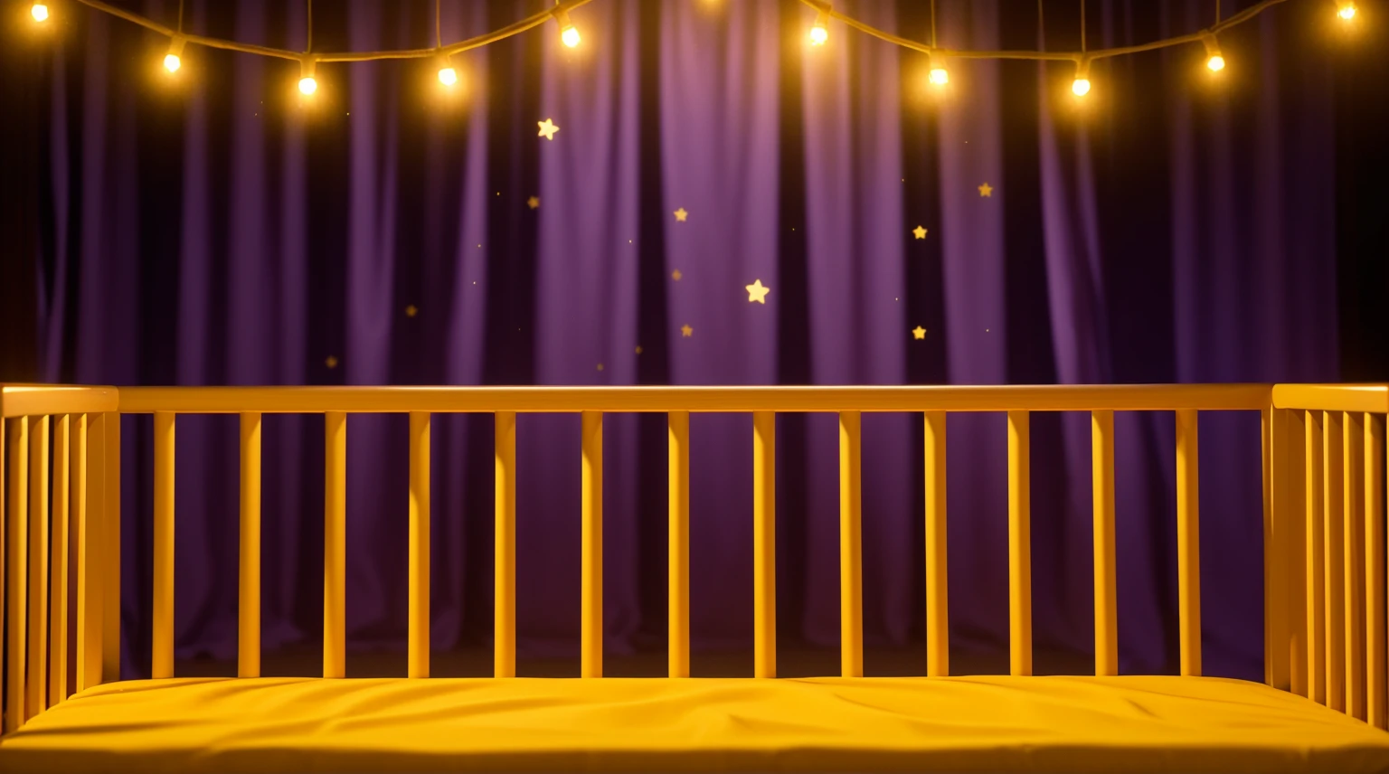 This image portrays a cozy and whimsical scene within a child's crib. The crib, with its warm orange and yellow wooden bars, stands against a vibrant backdrop of deep purple curtains adorned with stars. Strung across the top are charming yellow fairy lights, adding a magical and soothing ambiance. The crib bedding is a plush golden blanket, inviting and soft, suggesting a comfortable and secure resting place for a . This setting exudes a sense of warmth and safety, ideal for a child's imaginative and peaceful slumber. аffects render, (glossy plastic texture with multiple big light probe refractions), perfect cgi, smooth silhouette, high intensity refraction, (super glossy plastic material), most beautiful vfx, , realistic, 4k, high resolution, rim light, smooth 3d model, multiple light sources, rim light, sharp post effects render,, realistic, 4k, high resolution, rim light detailed digital art, reflective, best quality, 4k, masterpiece:1.2, ultra-detailed, realistic, vivid colors, The image of the highest quality, ensuring every detail showcased perfectly. It in 4k resolution, allowing viewers to immerse themselves in the richness of the colors and intricate details. The realistic rendering. under the spotlight, reflecting, high-resolution image, realistic rendering