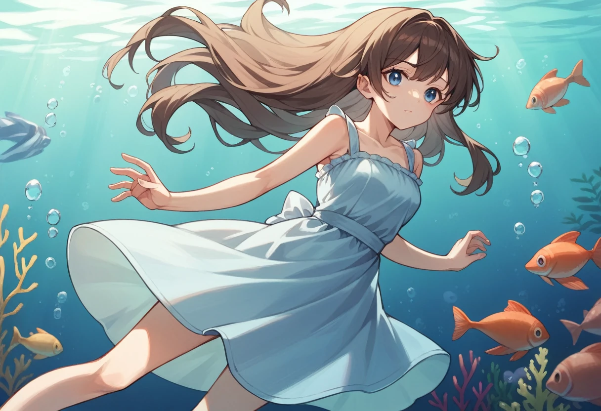 high quality , best masterpiece ,old girl ,brown hair , blue eyes , light blue sundress , underwater background