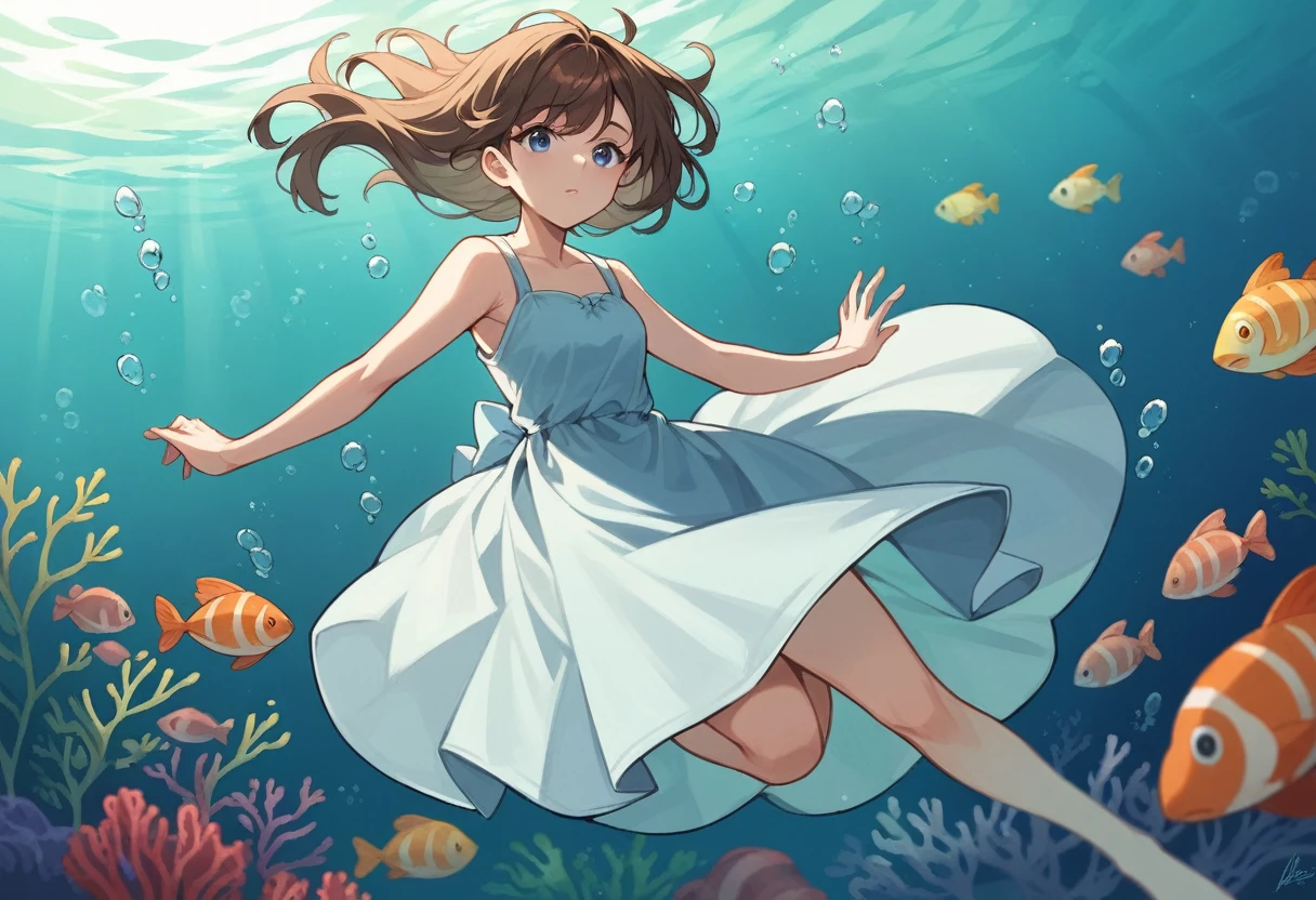 high quality , best masterpiece ,old girl ,brown hair , blue eyes , light blue sundress , underwater background