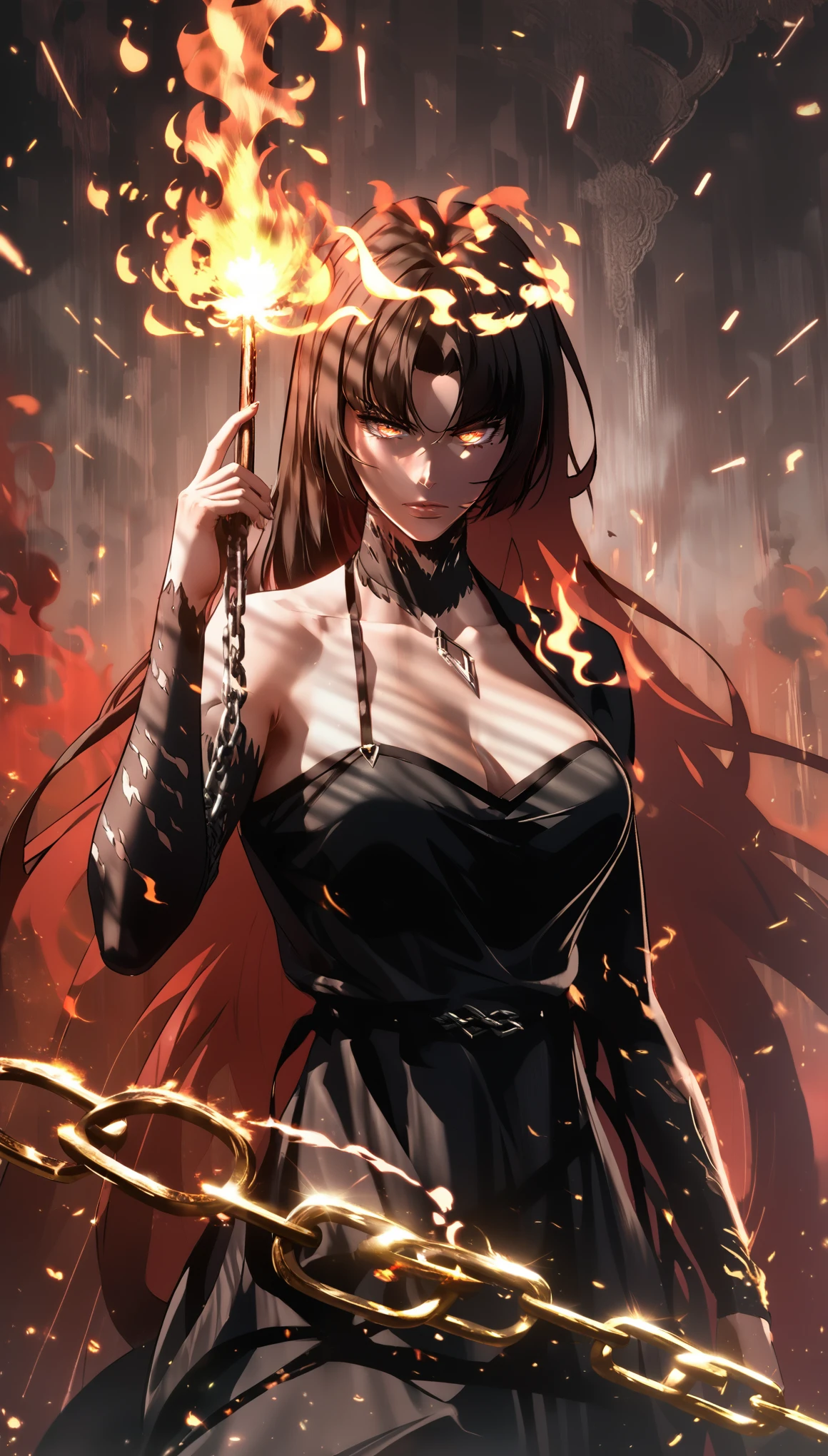 score_9, score_8_up, score_7_up, score_6_up, score_5_up, score_4_up, uncensored, Moebius, red eyes, black hair, very long hair, assertive female, BREAK (masterpiece:1.2), best quality, high resolution, (detailed eyes:1.3), perfect lighting, (perfect hands, perfect anatomy), large breasts, sagging breasts, expressionless, glaring eyes, parted lips, epic art, fantasy, fire, 1girl, solo, cape, weapon, holding, chain, jewelry, standing, lips, magic, looking_at_viewer, closed_mouth, holding_weapon, flame, burning, glow effects, godrays, Hand drawn, Vivid colors, extremely detailed CG unity 8k wallpaper, trending on CGSociety, Intricate, High Detail, dramatic,