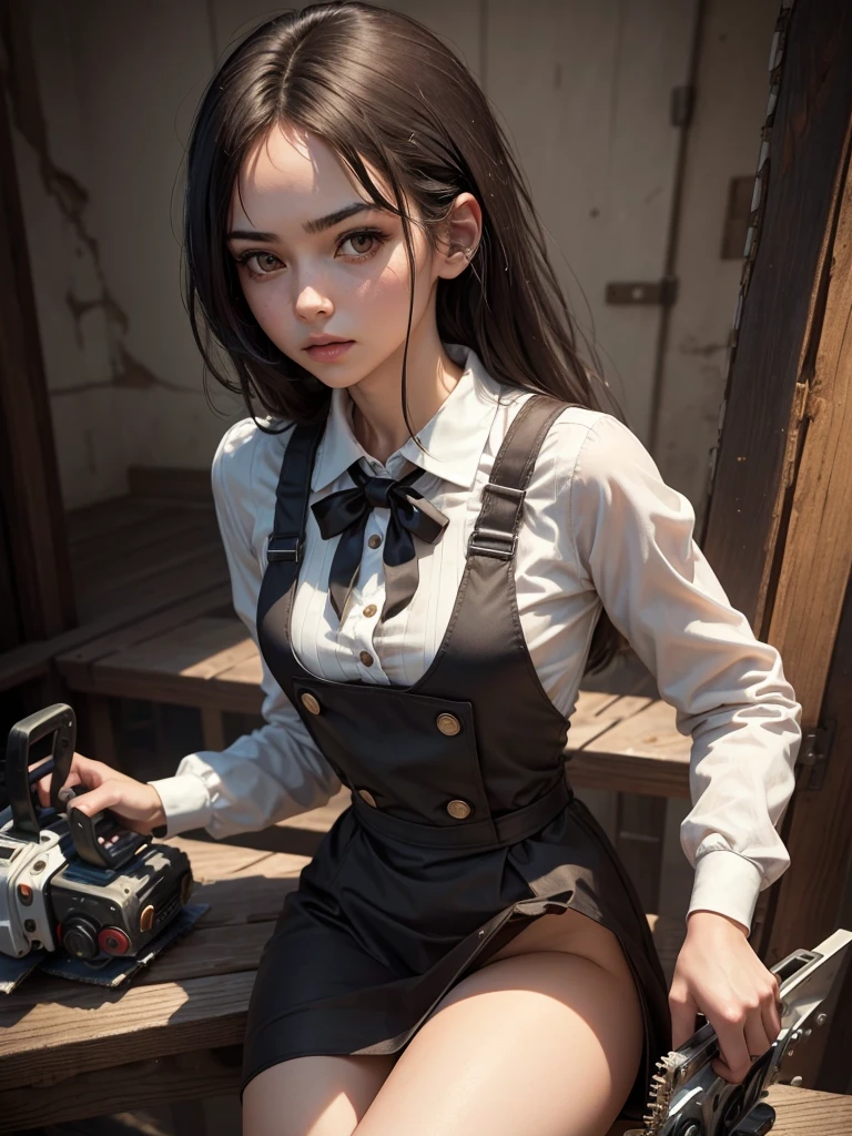 ((masterpiece, Highest quality)), (One girl), (alone), (Focus on women), night (Chainsaw Man),(Highly detailed face, The real picture, Realistic white skin, Realistic body, Intricate details), Upper Body, Severe , Brown eyes, Looking at the audience, bandage over the body, Black Hair, Long sleeve shirt, Pinafore dress, Black tie, bandage, bandage, Small breasts
