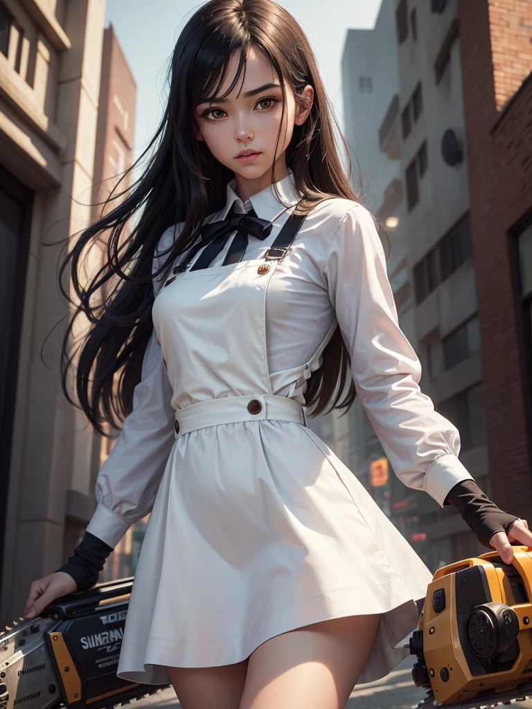 ((masterpiece, Highest quality)), (One girl), (alone), (Focus on women), night (Chainsaw Man),(Highly detailed face, The real picture, Realistic white skin, Realistic body, Intricate details), Upper Body, Severe , Brown eyes, Looking at the audience, bandage over the body, Black Hair, Long sleeve shirt, Pinafore dress, Black tie, bandage, bandage, Small breasts