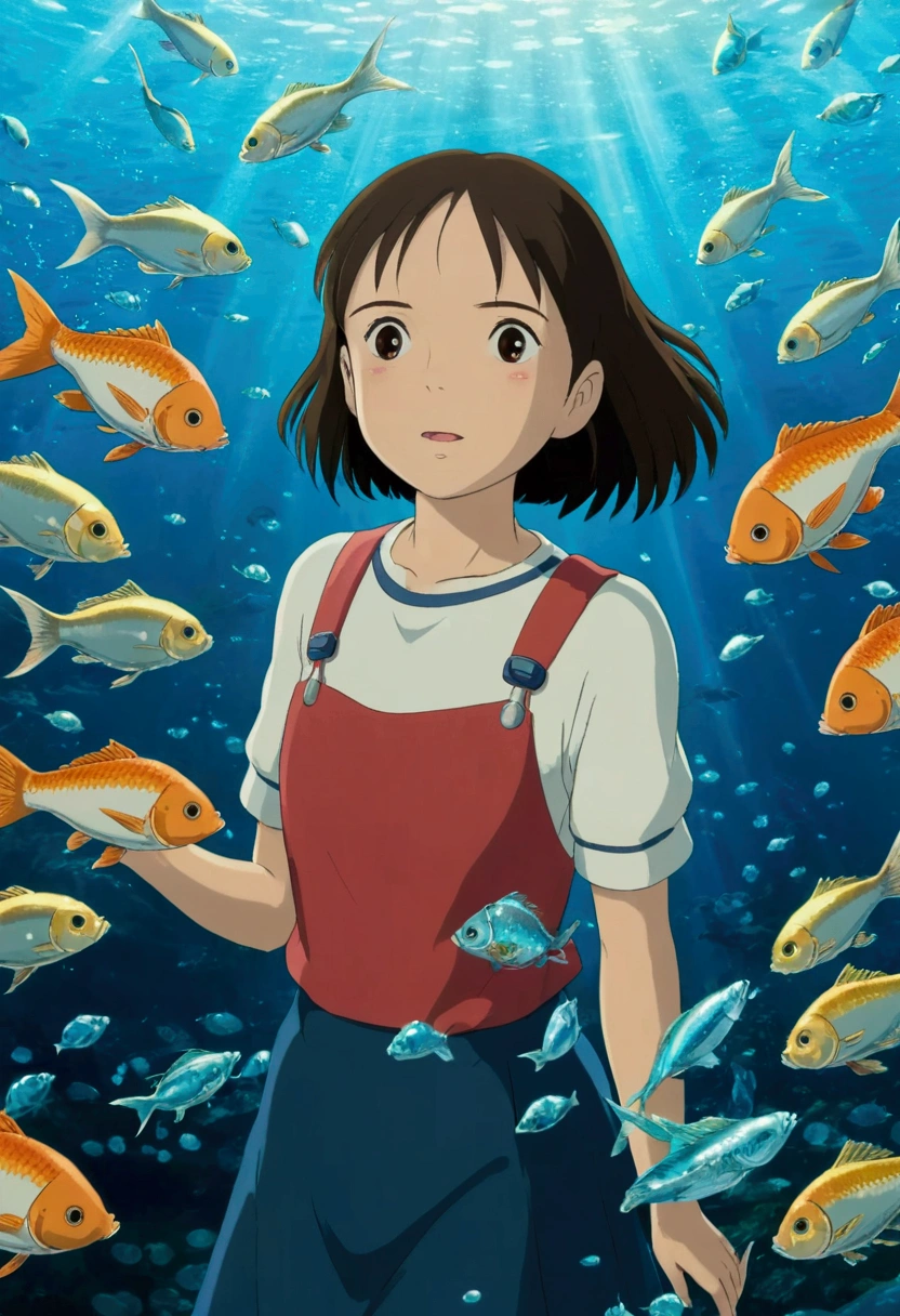 Ghibli Sparkling In the water Girl surrounded by fish