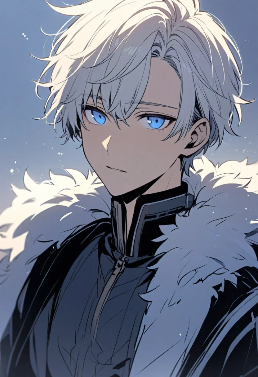 Handsome, solo, male, short hair, soft boy, young, white hair, blue eyes, black and white coat