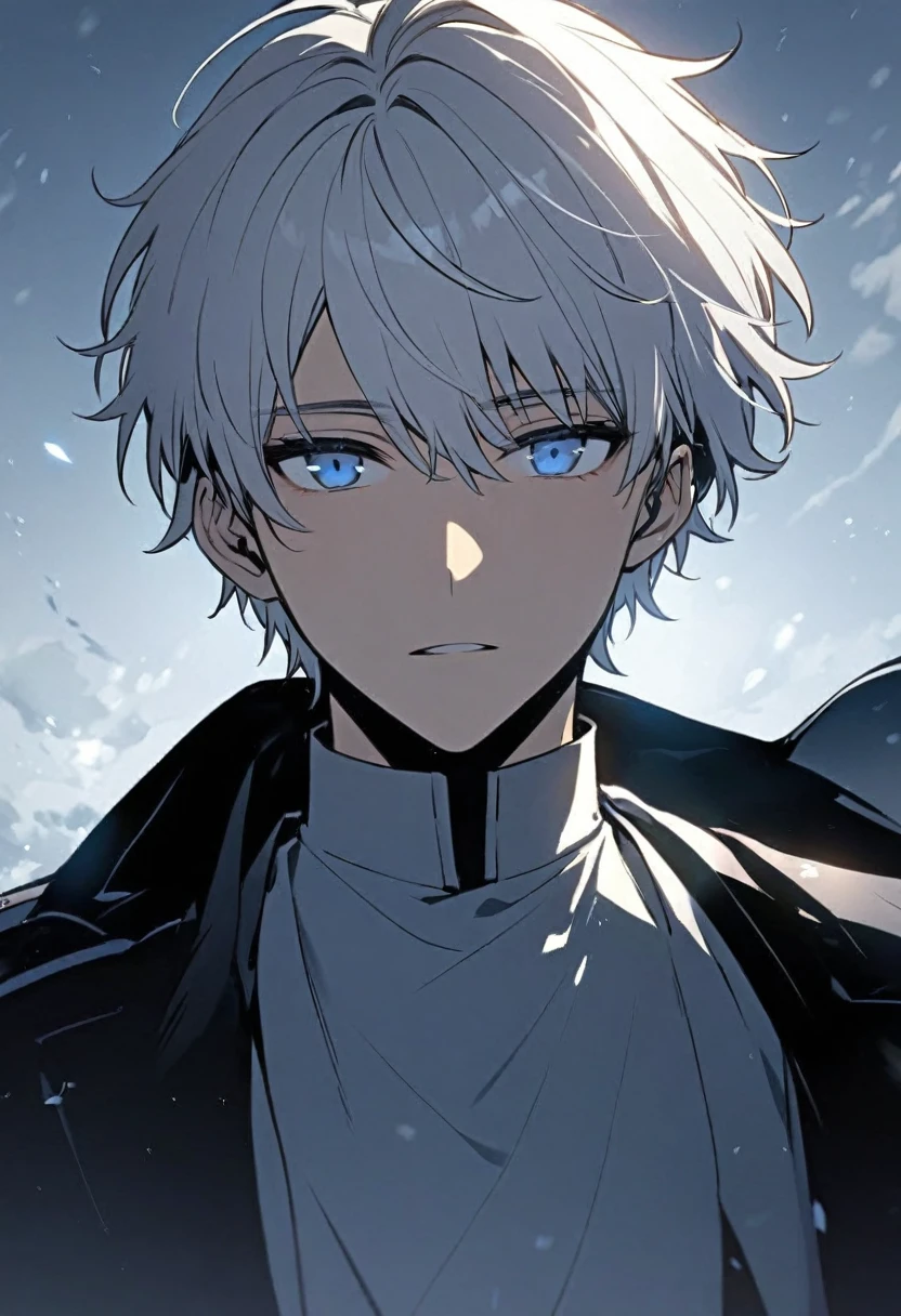 Handsome, solo, male, short hair, soft boy, young, white hair, blue eyes, black and white coat