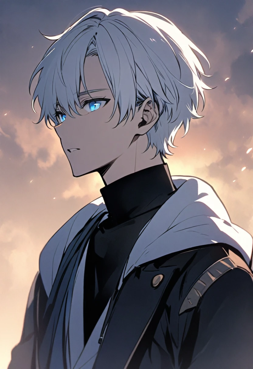 Handsome, solo, male, short hair, soft boy, young, white hair, blue eyes, black and white coat