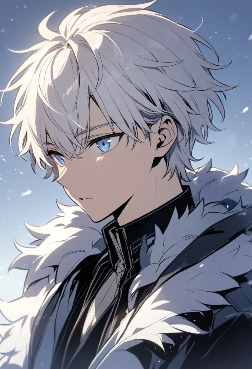 Handsome, solo, male, short hair, soft boy, young, white hair, blue eyes, black and white coat