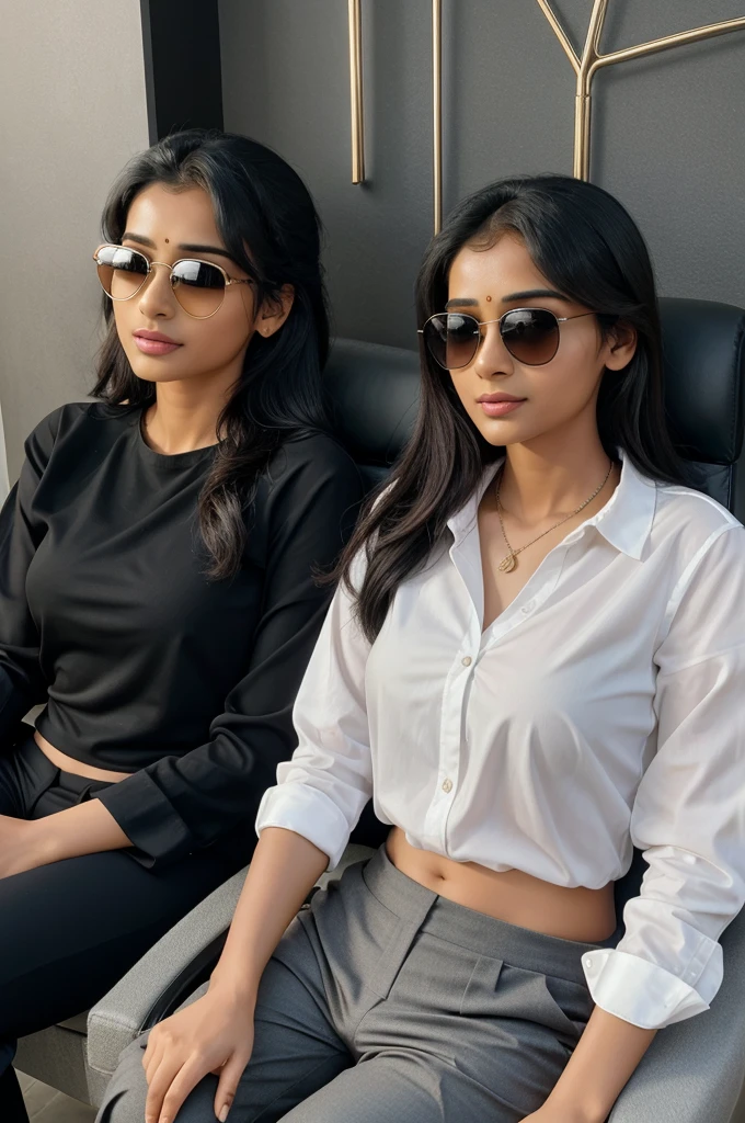create a 3D realistic image for a profile picture of a 23-years old couple sitting comfortably in bings chair the boy is wearing a white shirt and black pant and sunglasses and the girl is wearing a black saree and sunglasses the are locking ahead "vijay" sahani and "anitha" sahani are written in large bold font just above of the on the grey wall in the background