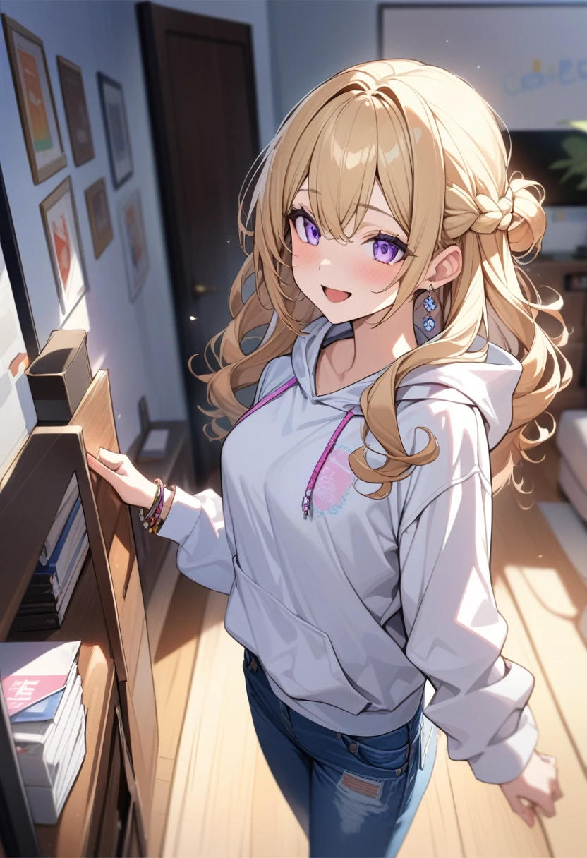 masterpiece, best quality, extremely detailed, ultra detailed, flat anime, 2D,
1girl, (young adult:1.2),blonde hair, (semi-long hair:1.2), curly hair, french braid, medium breasts, purple eyes, tsurime, height 1.7meters,
white hooded sweatshirt, jeans, earring,bracelet, long sleeves,socks,
open mouth, smile, She is good at giving advice.,
upper body, portrait,
summer, livingroom, 12AM., standing