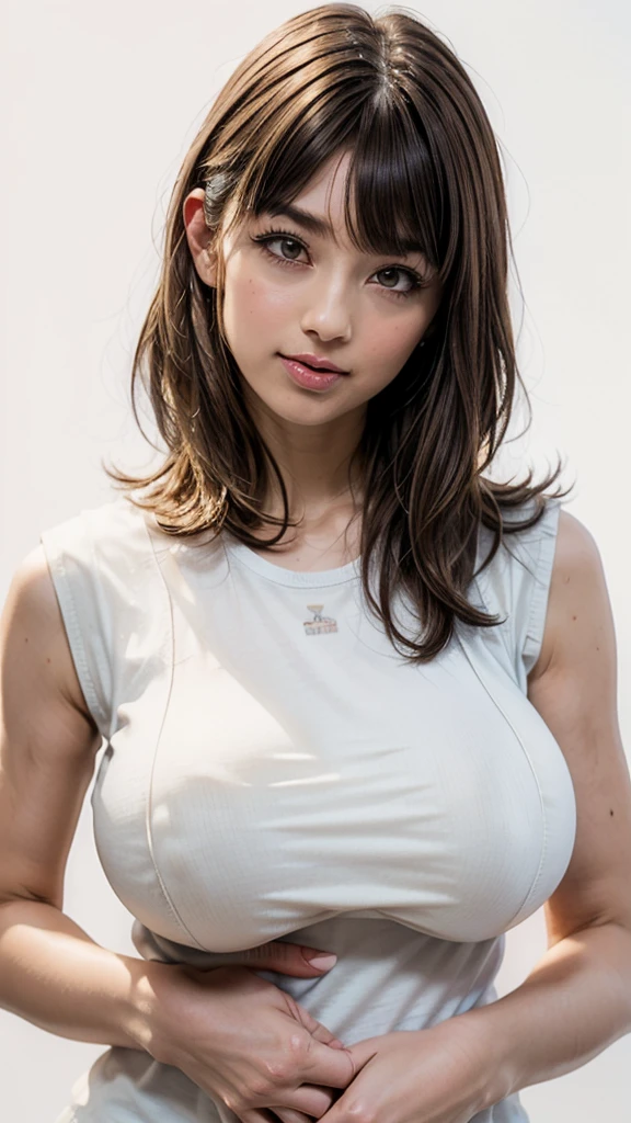 Highest quality, Realistic, 8k, High resolution, 1 girl, woman, (Skin Dentition), (Portraiture: 0.6), nice, (White Background: 1.82)), ((Big round breasts, Sleeveless white T-shirt: 1.75)), Straight Viewer: 1.8, (1 girl Eyes, Medium length hair, Brown Hair, Parted bangs : 1.65), Realistic, (Bokeh), (Mouth closed: 1.46), nice, Pure Eros Face_v1,((Natural big breasts:1.6)),((Upper Body))