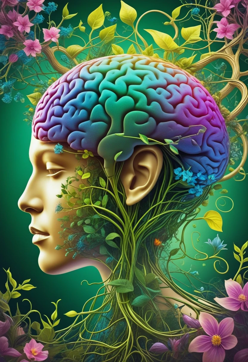 a close up of a person's head with a brain made of flowers, psychedelic surreal art noir style,surreal art, tree of life brains, surrealistic art style,organic cyborg, humanoid flora, surreal design, surreal psychedelic design,humanoid vegetation, psychedelic dmt, mind altering drugs. fair skin, light complexion, sun tan face, perfect realistic skin, portrait photography