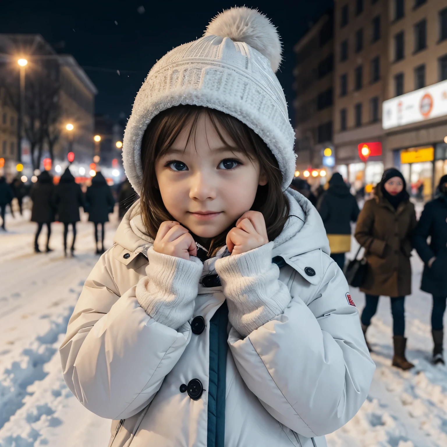 2024 years, Warszawa-、shivering from hunger and cold、plural White people、Children of the Po-Land, on street ,in city, night, fall snow, accurate, anatomically correct, textured skin, beautiful fingers super detail, high details, high quality, best quality,
