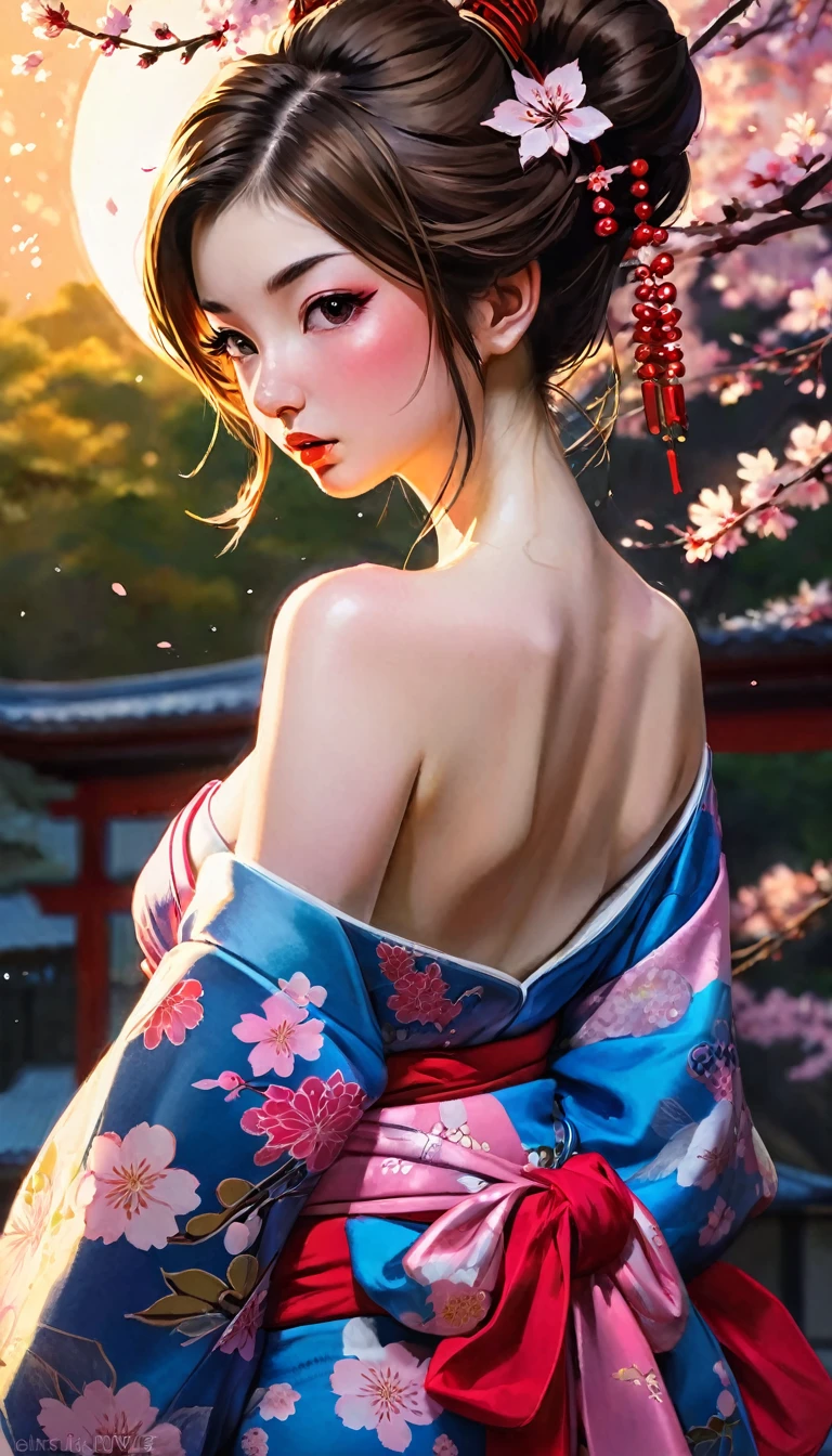 Score_9, Score_8_up, Score_7_up, Score_6_up, Score_5_up, Score_4_up, sexy girl, 1 girl, European geisha, updo, looking at viewer, small pink nipples, big breasts, 20s, close-up of face, half-length portrait, brown hair long, nihongami, modest, seductive viewer, heart, posing, sexy pose, alone, blue floral kimono, off shoulder, bonsai, sakura, worried, blushing, cowgirl position, cherry blossom, submission, sunset, cinematic lighting , semi realistic, side view, (young:1.2), wild sex, semi realistic, imminent orgasm, blushing, open mouth, squatting, bouncing hard (art inspired by Bill Sienkiewicz). oil painting)