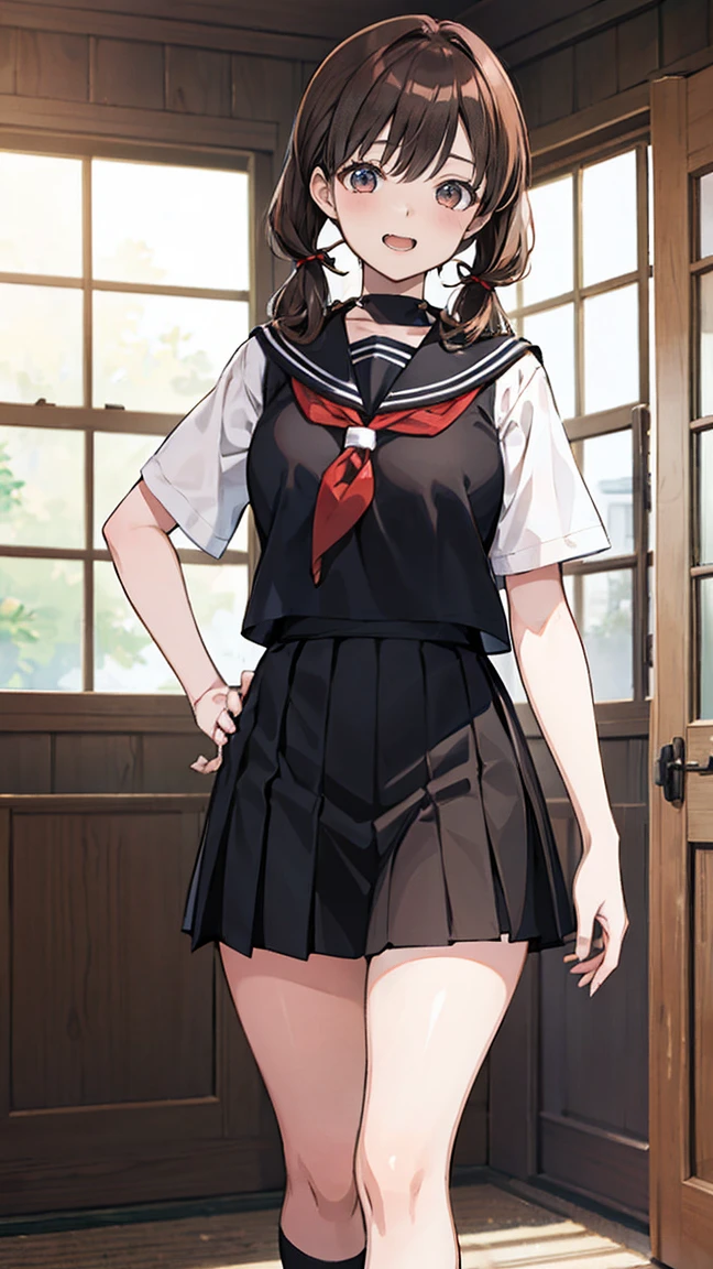 High resolution, High resolution,2D Anime Style,,Cool woman,Mature,,Beautiful thighs,20th Generation,Brown Hair,High Twintails, Brown eyes,Sailor suit, Black Skirt,He is laughing a little,whole body,Inside the room,