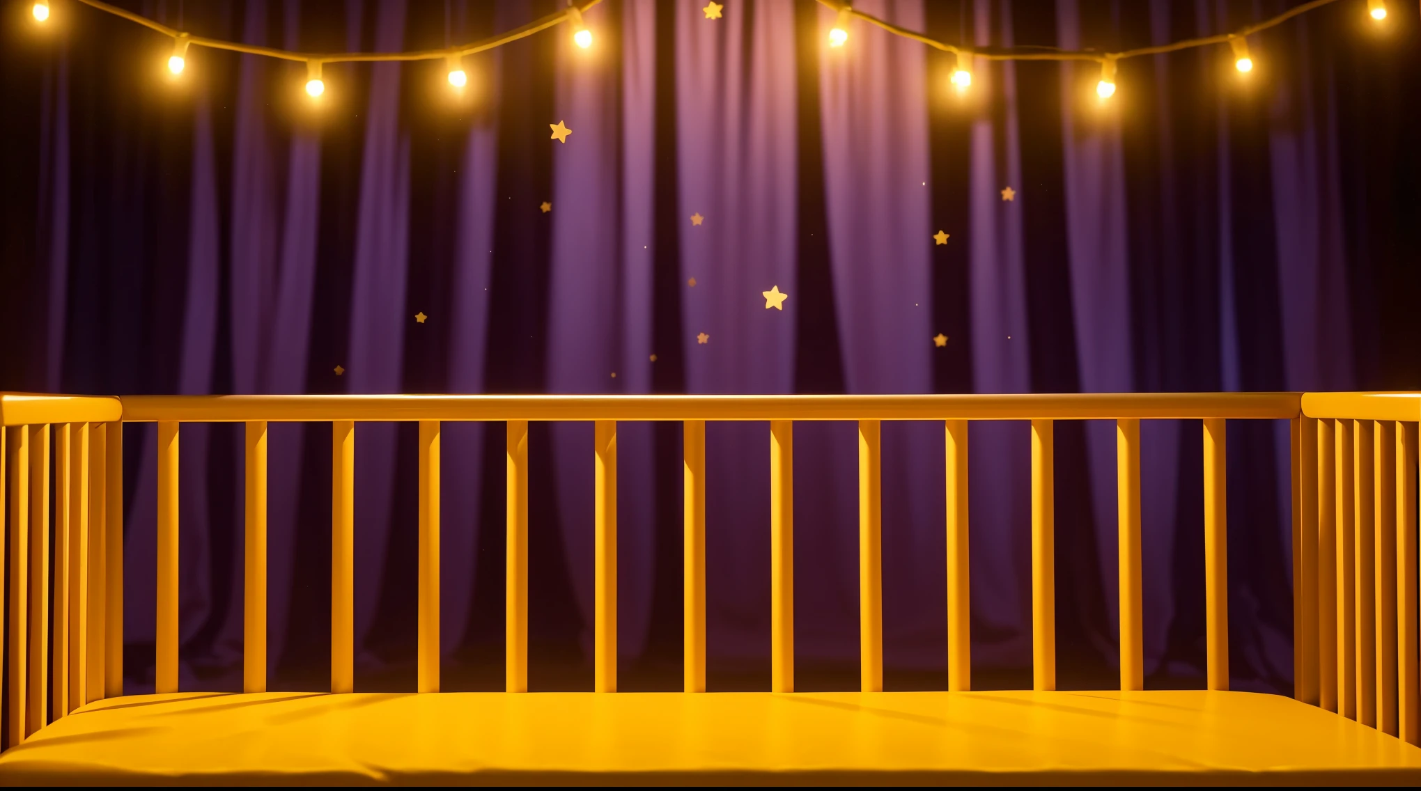 This image portrays a cozy and whimsical scene within a child's crib. The crib, with its warm orange and yellow wooden bars, stands against a vibrant backdrop of deep purple curtains adorned with stars. Strung across the top are charming yellow fairy lights, adding a magical and soothing ambiance. The crib bedding is a plush golden blanket, inviting and soft, suggesting a comfortable and secure resting place for a . This setting exudes a sense of warmth and safety, ideal for a child's imaginative and peaceful slumber. аffects render, (glossy plastic texture with multiple big light probe refractions), perfect cgi, smooth silhouette, high intensity refraction, (super glossy plastic material), most beautiful vfx, , realistic, 4k, high resolution, rim light, smooth 3d model, multiple light sources, rim light, sharp post effects render,, realistic, 4k, high resolution, rim light detailed digital art, reflective, best quality, 4k, masterpiece:1.2, ultra-detailed, realistic, vivid colors, The image of the highest quality, ensuring every detail showcased perfectly. It in 4k resolution, allowing viewers to immerse themselves in the richness of the colors and intricate details. The realistic rendering. under the spotlight, reflecting, high-resolution image, realistic rendering