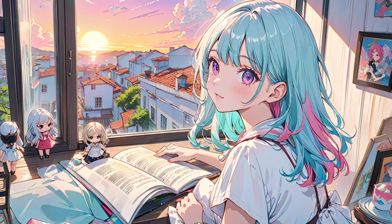 (masutepiece:1.5, best quality:1.5), ((estilo vaporwave, partially coloring)), Close-up, De cima, cinematic angle, (((baunilha))), 1girl em, sozinho, sorriso bonito, (segure um sorvete de baunilha), jewelry decoration, cabelos longos, em uma sorveteria, doll mess, Vida decadente, sunset outside the window, rua fora da janela, sunset outside the window, Music album covers