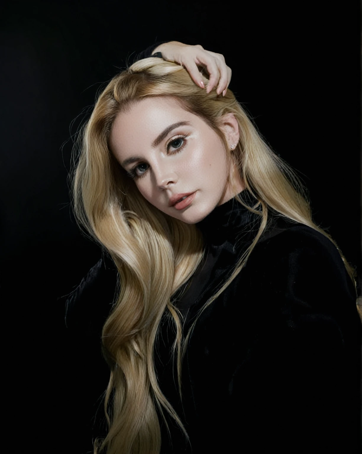 a woman with long blonde hair wearing a black top and hand in her hair, portrait of lana del rey, Portrait of woman, 