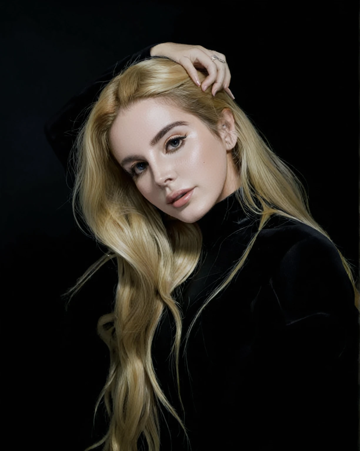 a woman with long blonde hair wearing a black top and hand in her hair, portrait of lana del rey, Portrait of woman, 