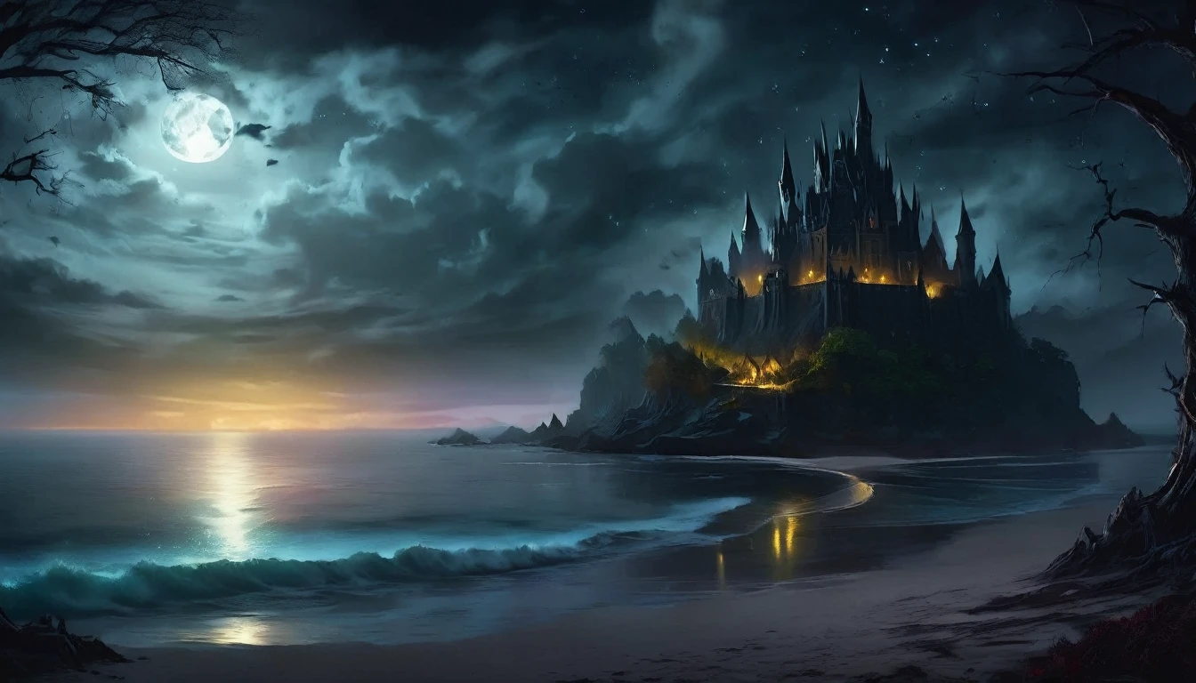 arafed, dark fantasy art, goth art,  an award winning digital picture, National Geographic picture of a dark mysterious island at night, it is night time, a dark island, dark gloomy beach, skull on the beach, some large ancient trees, a dark castle, lit with torches, necromancy magic, full moon, some stars,  Ultra-high resolution, High Contrast, (masterpiece:1.5), highest quality, Best aesthetics), 16K fantasy art, best details, best quality, highres, (ultra wide angle: 1.2), 16k, [ultra detailed], masterpiece, best quality, (extremely detailed), ladyshadow, magical sky, NecromancyAI