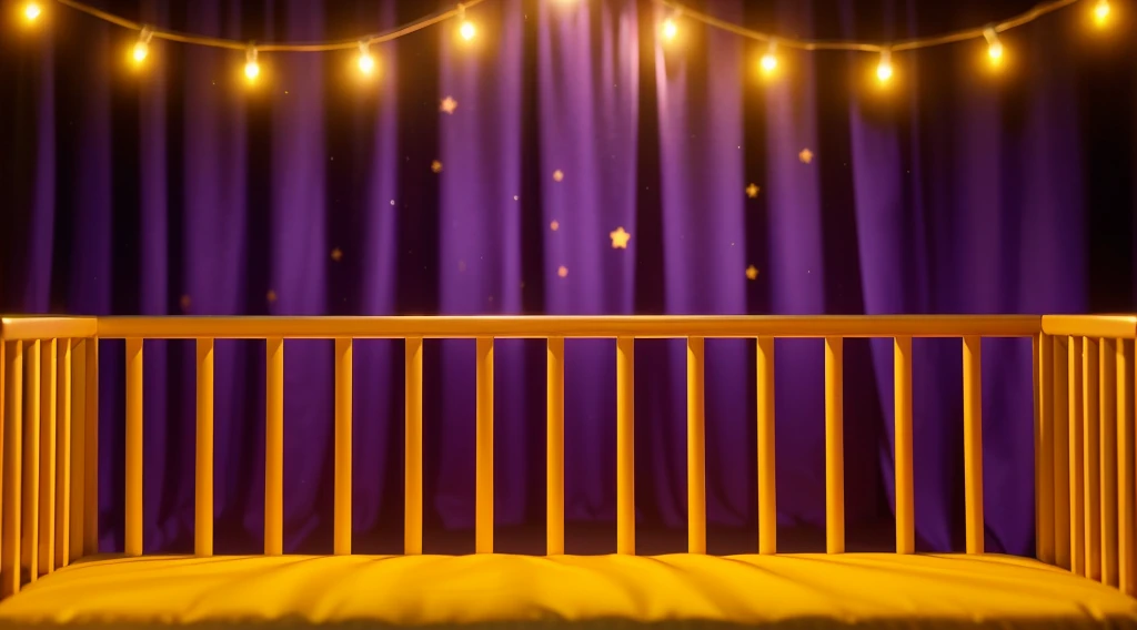 This image portrays a cozy and whimsical scene within a child's crib. The crib, with its warm orange and yellow wooden bars, stands against a vibrant backdrop of deep purple curtains adorned with stars. Strung across the top are charming yellow fairy lights, adding a magical and soothing ambiance. The crib bedding is a plush golden blanket, inviting and soft, suggesting a comfortable and secure resting place for a . This setting exudes a sense of warmth and safety, ideal for a child's imaginative and peaceful slumber. аffects render, (glossy plastic texture with multiple big light probe refractions), perfect cgi, smooth silhouette, high intensity refraction, (super glossy plastic material), most beautiful vfx, , realistic, 4k, high resolution, rim light, smooth 3d model, multiple light sources, rim light, sharp post effects render,, realistic, 4k, high resolution, rim light detailed digital art, reflective, best quality, 4k, masterpiece:1.2, ultra-detailed, realistic, vivid colors, The image of the highest quality, ensuring every detail showcased perfectly. It in 4k resolution, allowing viewers to immerse themselves in the richness of the colors and intricate details. The realistic rendering. under the spotlight, reflecting, high-resolution image, realistic rendering