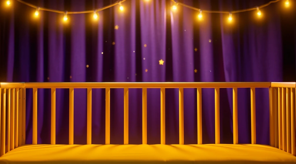 This image portrays a cozy and whimsical scene within a child's crib. The crib, with its warm orange and yellow wooden bars, stands against a vibrant backdrop of deep purple curtains adorned with stars. Strung across the top are charming yellow fairy lights, adding a magical and soothing ambiance. The crib bedding is a plush golden blanket, inviting and soft, suggesting a comfortable and secure resting place for a . This setting exudes a sense of warmth and safety, ideal for a child's imaginative and peaceful slumber. аffects render, (glossy plastic texture with multiple big light probe refractions), perfect cgi, smooth silhouette, high intensity refraction, (super glossy plastic material), most beautiful vfx, , realistic, 4k, high resolution, rim light, smooth 3d model, multiple light sources, rim light, sharp post effects render,, realistic, 4k, high resolution, rim light detailed digital art, reflective, best quality, 4k, masterpiece:1.2, ultra-detailed, realistic, vivid colors, The image of the highest quality, ensuring every detail showcased perfectly. It in 4k resolution, allowing viewers to immerse themselves in the richness of the colors and intricate details. The realistic rendering. under the spotlight, reflecting, high-resolution image, realistic rendering