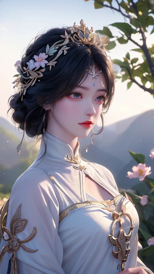 (best quality,ultra-detailed,photorealistic:1.37),vivid colors,studio lighting,beautiful detailed eyes,beautiful detailed lips,extremely detailed eyes and face,long eyelashes,portraits,black hair,confident expression,feminine,standing in a garden,soft sunlight, scenery,flower blossoms,peaceful atmosphere,artistic touch,textured brushstrokes,subtle color variations,brilliant white highlights,delicate movements,graceful pose,slight breeze,rustling leaves,sophisticated style,professional artwork,female beauty.