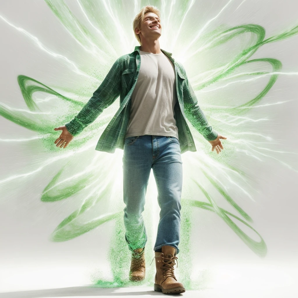 Complete and very real image. Standing in front is a single blond man, he is smiling, he feels happy, he throws his head back looking at the sky, he wears a long-sleeved shirt that falls on the outside with green plaid, blue jeans and mountain boots, from his chest he radiates a white light. a green trail emanates from the white background of the image. Photorealism, full view, highly detailed image, highly realistic, hyperrealism, cinematography, Ultra HD, 8k, Unreal Engine 5, sharp focus, intricate and mysterious masterpiece. (Long exposure photography Highly detailed, close-up portrait art illustration: final quality medium shot, backlit, rich and eye-catching. Enigmatic and mysterious manipulations (rule of thirds composition), ((detailed environment with lines strong), Better quality, on camera, white light, warm and clean aesthetics, dazzling screen composed of millions of bright ultraviolet lights, HDR.