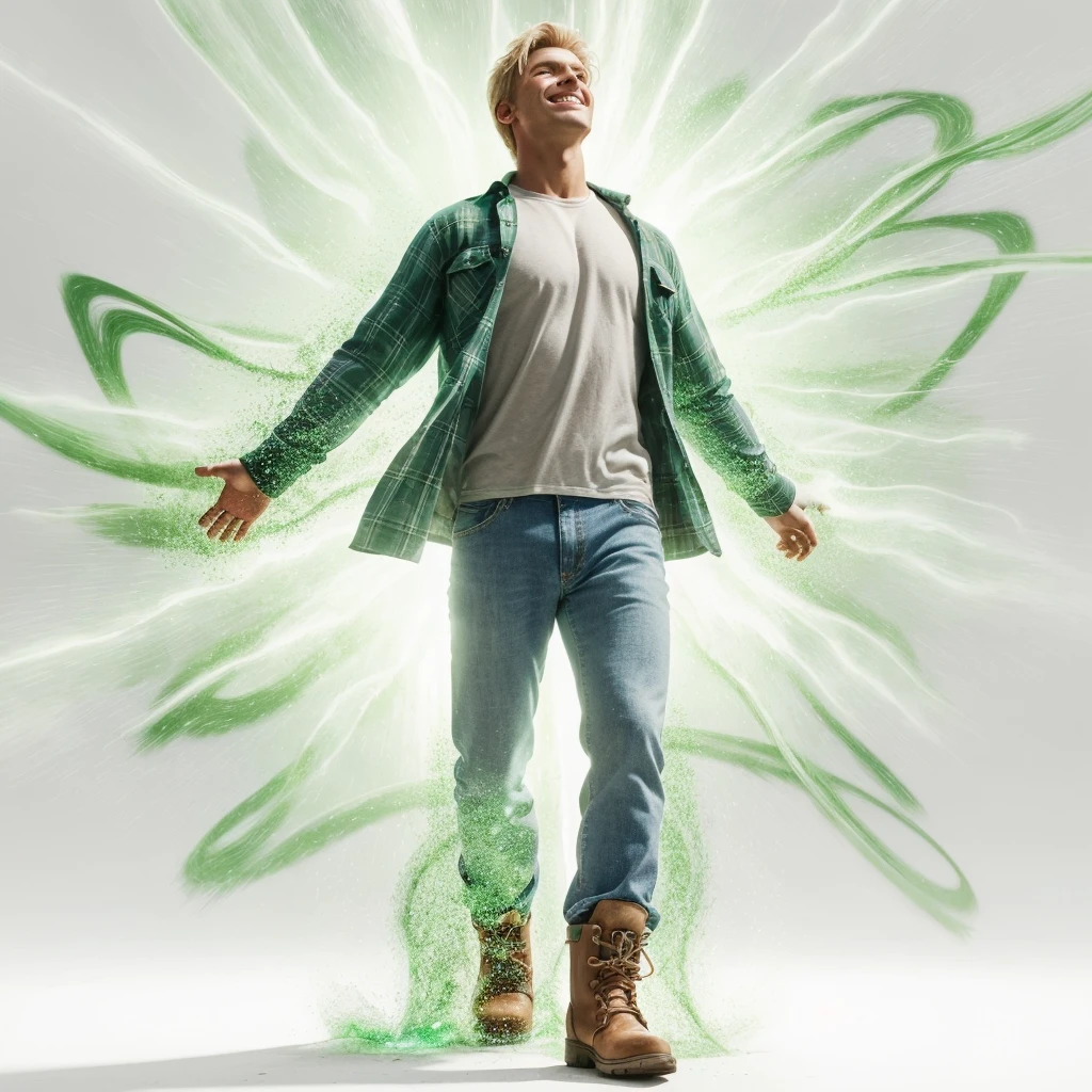Complete and very real image. Standing in front is a single blond man, he is smiling, he feels happy, he throws his head back looking at the sky, he wears a long-sleeved shirt that falls on the outside with green plaid, blue jeans and mountain boots, from his chest he radiates a white light. a green trail emanates from the white background of the image. Photorealism, full view, highly detailed image, highly realistic, hyperrealism, cinematography, Ultra HD, 8k, Unreal Engine 5, sharp focus, intricate and mysterious masterpiece. (Long exposure photography Highly detailed, close-up portrait art illustration: final quality medium shot, backlit, rich and eye-catching. Enigmatic and mysterious manipulations (rule of thirds composition), ((detailed environment with lines strong), Better quality, on camera, white light, warm and clean aesthetics, dazzling screen composed of millions of bright ultraviolet lights, HDR.