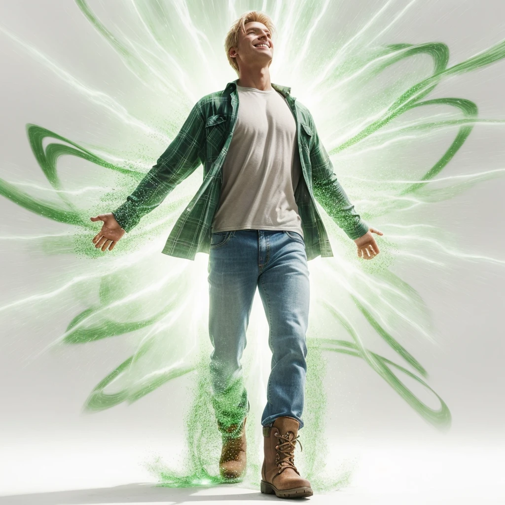 Complete and very real image. Standing in front is a single blond man, he is smiling, he feels happy, he throws his head back looking at the sky, he wears a long-sleeved shirt that falls on the outside with green plaid, blue jeans and mountain boots, from his chest he radiates a white light. a green trail emanates from the white background of the image. Photorealism, full view, highly detailed image, highly realistic, hyperrealism, cinematography, Ultra HD, 8k, Unreal Engine 5, sharp focus, intricate and mysterious masterpiece. (Long exposure photography Highly detailed, close-up portrait art illustration: final quality medium shot, backlit, rich and eye-catching. Enigmatic and mysterious manipulations (rule of thirds composition), ((detailed environment with lines strong), Better quality, on camera, white light, warm and clean aesthetics, dazzling screen composed of millions of bright ultraviolet lights, HDR.