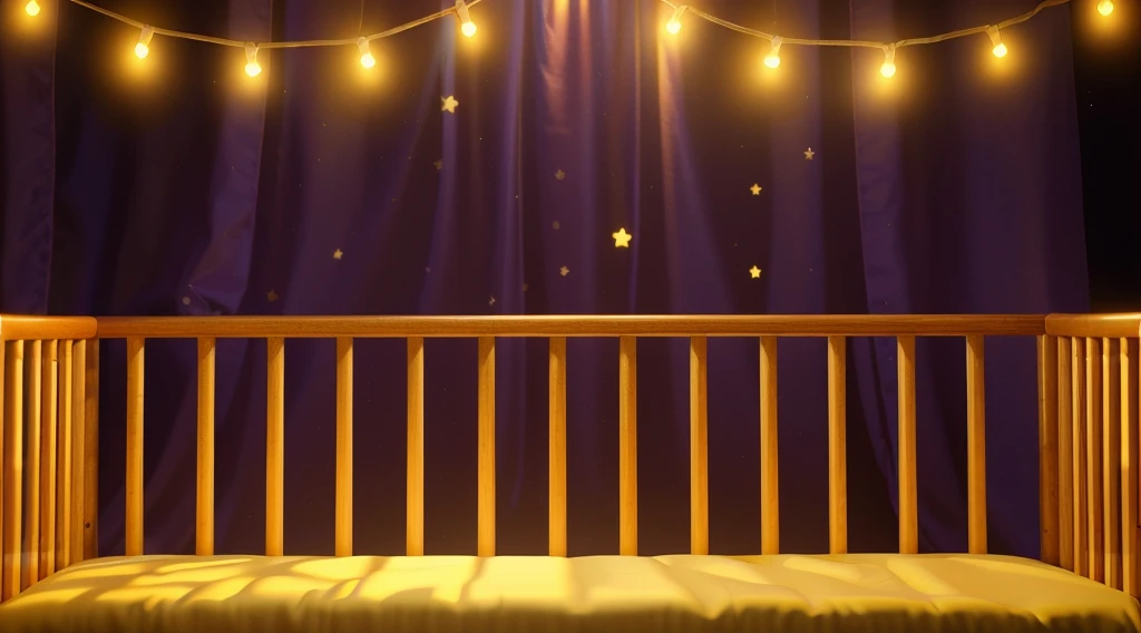 This image portrays a cozy and whimsical scene within a child's crib. The crib, with its warm orange and yellow wooden bars, stands against a vibrant backdrop of deep purple curtains adorned with stars. Strung across the top are charming yellow fairy lights, adding a magical and soothing ambiance. The crib bedding is a plush golden blanket, inviting and soft, suggesting a comfortable and secure resting place for a . This setting exudes a sense of warmth and safety, ideal for a child's imaginative and peaceful slumber. аffects render, (glossy plastic texture with multiple big light probe refractions), perfect cgi, smooth silhouette, high intensity refraction, (super glossy plastic material), most beautiful vfx, , realistic, 4k, high resolution, rim light, smooth 3d model, multiple light sources, rim light, sharp post effects render,, realistic, 4k, high resolution, rim light detailed digital art, reflective, best quality, 4k, masterpiece:1.2, ultra-detailed, realistic, vivid colors, The image of the highest quality, ensuring every detail showcased perfectly. It in 4k resolution, allowing viewers to immerse themselves in the richness of the colors and intricate details. The realistic rendering. under the spotlight, reflecting, high-resolution image, realistic rendering