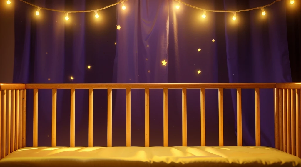 This image portrays a cozy and whimsical scene within a child's crib. The crib, with its warm orange and yellow wooden bars, stands against a vibrant backdrop of deep purple curtains adorned with stars. Strung across the top are charming yellow fairy lights, adding a magical and soothing ambiance. The crib bedding is a plush golden blanket, inviting and soft, suggesting a comfortable and secure resting place for a . This setting exudes a sense of warmth and safety, ideal for a child's imaginative and peaceful slumber. аffects render, (glossy plastic texture with multiple big light probe refractions), perfect cgi, smooth silhouette, high intensity refraction, (super glossy plastic material), most beautiful vfx, , realistic, 4k, high resolution, rim light, smooth 3d model, multiple light sources, rim light, sharp post effects render,, realistic, 4k, high resolution, rim light detailed digital art, reflective, best quality, 4k, masterpiece:1.2, ultra-detailed, realistic, vivid colors, The image of the highest quality, ensuring every detail showcased perfectly. It in 4k resolution, allowing viewers to immerse themselves in the richness of the colors and intricate details. The realistic rendering. under the spotlight, reflecting, high-resolution image, realistic rendering