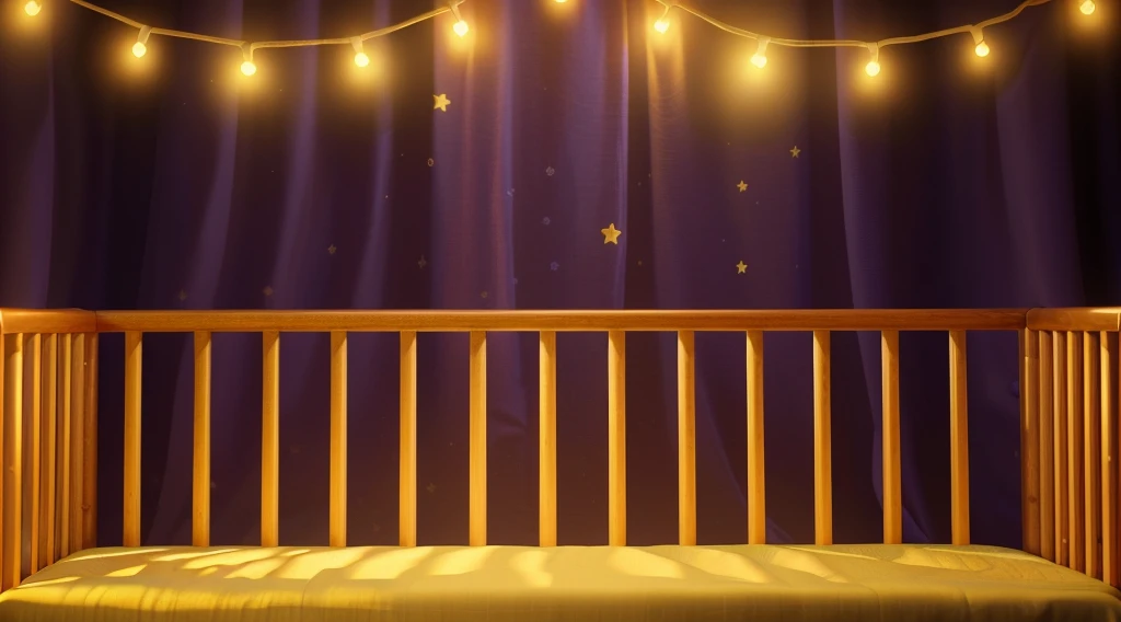 This image portrays a cozy and whimsical scene within a child's crib. The crib, with its warm orange and yellow wooden bars, stands against a vibrant backdrop of deep purple curtains adorned with stars. Strung across the top are charming yellow fairy lights, adding a magical and soothing ambiance. The crib bedding is a plush golden blanket, inviting and soft, suggesting a comfortable and secure resting place for a . This setting exudes a sense of warmth and safety, ideal for a child's imaginative and peaceful slumber. аffects render, (glossy plastic texture with multiple big light probe refractions), perfect cgi, smooth silhouette, high intensity refraction, (super glossy plastic material), most beautiful vfx, , realistic, 4k, high resolution, rim light, smooth 3d model, multiple light sources, rim light, sharp post effects render,, realistic, 4k, high resolution, rim light detailed digital art, reflective, best quality, 4k, masterpiece:1.2, ultra-detailed, realistic, vivid colors, The image of the highest quality, ensuring every detail showcased perfectly. It in 4k resolution, allowing viewers to immerse themselves in the richness of the colors and intricate details. The realistic rendering. under the spotlight, reflecting, high-resolution image, realistic rendering