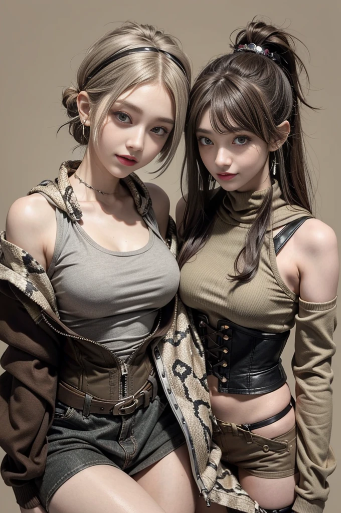 (Smiling with teeth showing:1.3),(Shibuya Gal:1.5)、(Beautiful:1.5)、(Neo-goth fashion:1.5)、(Punk RockVisual Kei:1.5)、(An off-the-shoulder hoodie in khaki and brown with delicate silver accessories.:1.5)、(A corset with a delicate beige and brown design:1.4)、(Dark grey, khaki and brown snakeskin bodysuit:1.5)、(Snake print headband:1.3)、(Beige and charcoal knee socks:1.4)、Embellished collar and long boots、(I&#39;m selling snake print underwear.:1.4)、(Long eyelashes:1.3)、(20-year-old)、((Highest quality、8k、masterpiece:1.3))、1 Female、Slim and beautiful abs:1.3、(hairstyle casual、Beautiful boobs:1.1)、(Doing an aerobics pose:1.3)、dress:1.1、Super small face、Narrow eyes、double eyelid、A sloppy smile、Esbian all over body、Dynamic Angle、Close-up、CPL Filter、Blurred Background、Bokeh、Blue Hour、Detailed face and skin texture、Detailed eyes、,(Twin tails:1.3)、(Black brown hair:1.3)、Gravure idol、(The background is a glamorous dance hall:1.3)、(Make your legs thinner:1.4)、(Slim Body:1.3)、(clavicle:1.1)