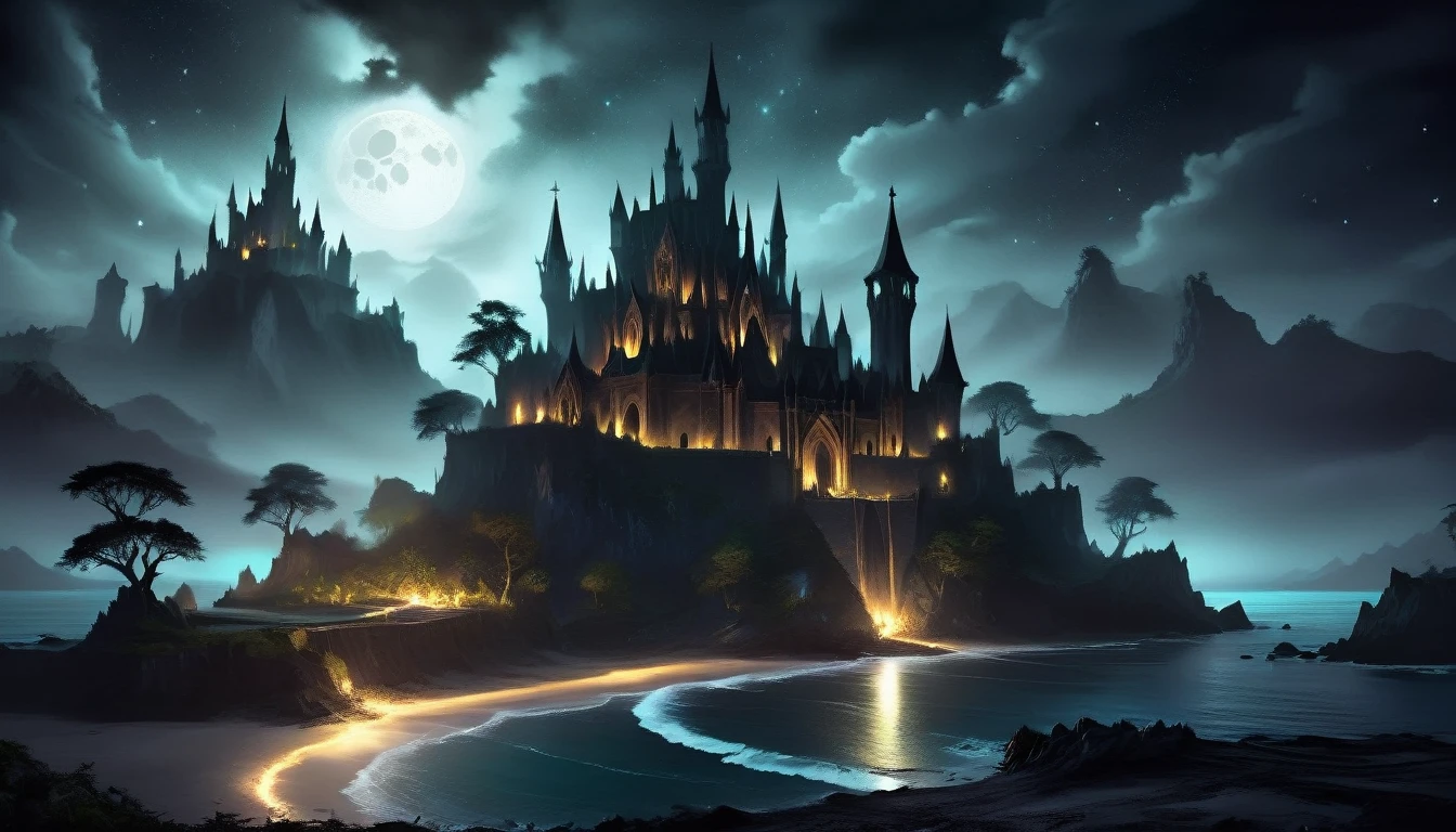 arafed, dark fantasy art, goth art,  an award winning digital picture, National Geographic picture of a dark mysterious island at night, it is night time, a dark island, dark gloomy beach, skull on the beach, some large ancient trees, a dark castle, lit with torches, necromancy magic, full moon, some stars,  Ultra-high resolution, High Contrast, (masterpiece:1.5), highest quality, Best aesthetics), 16K fantasy art, best details, best quality, highres, (ultra wide angle: 1.2), 16k, [ultra detailed], masterpiece, best quality, (extremely detailed), ladyshadow, magical sky, NecromancyAI