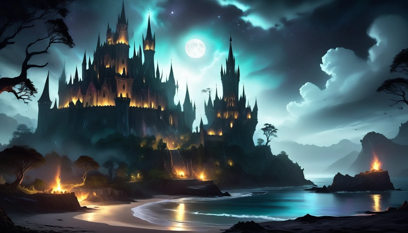 arafed, dark fantasy art, goth art,  an award winning digital picture, National Geographic picture of a dark mysterious island at night, it is night time, a dark island, dark gloomy beach, skull on the beach, some large ancient trees, a dark castle, lit with torches, necromancy magic, full moon, some stars,  Ultra-high resolution, High Contrast, (masterpiece:1.5), highest quality, Best aesthetics), 16K fantasy art, best details, best quality, highres, (ultra wide angle: 1.2), 16k, [ultra detailed], masterpiece, best quality, (extremely detailed), ladyshadow, magical sky, NecromancyAI