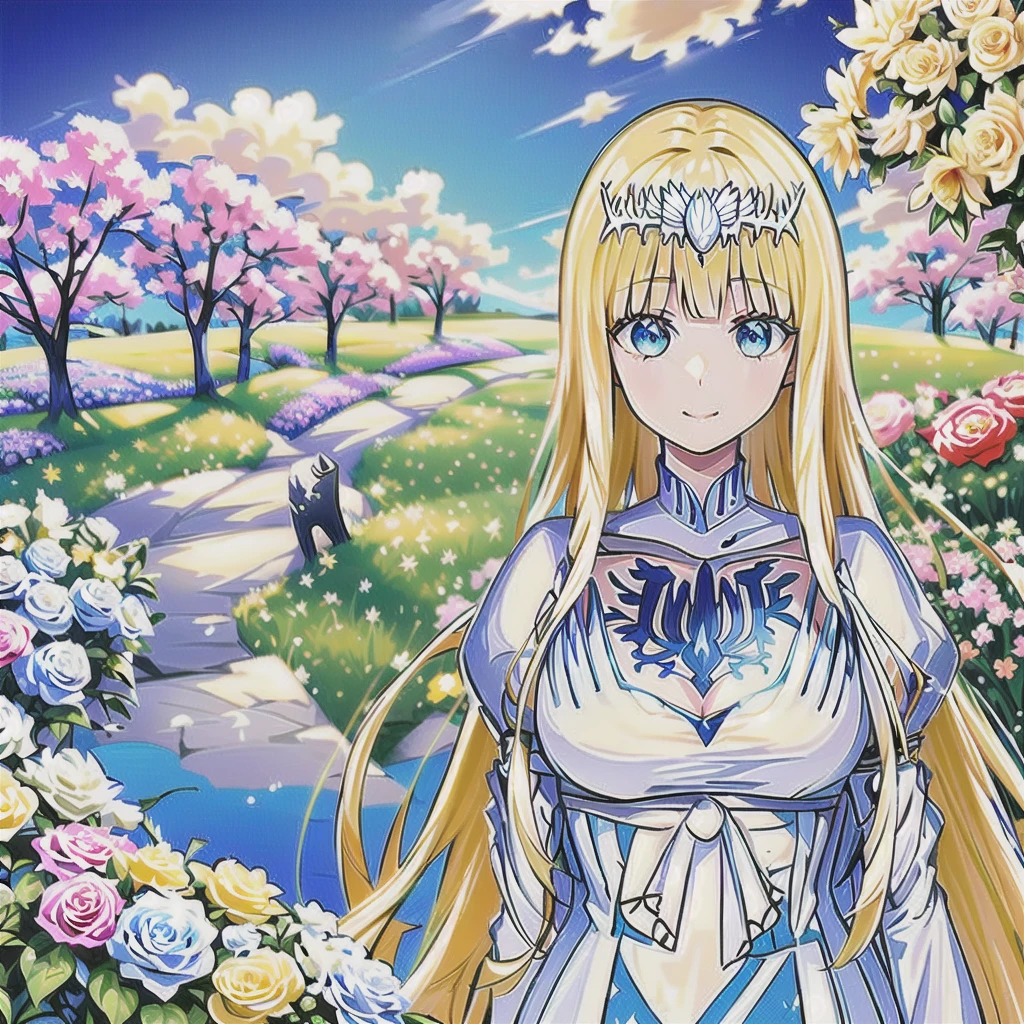 (A masterpiece、Extremely high quality、high picture quality、 standing in beautiful flowery garden、A slight smile,  bouquet、Hair fluttering in the wind, 1girl,solo, calca, blonde hair, ,( extremely long hair:1.2), very long hair, extra long hair, white tiara, white dress, blue eyes,Calca Bessarez, medium breast,Calca, close up, upper body