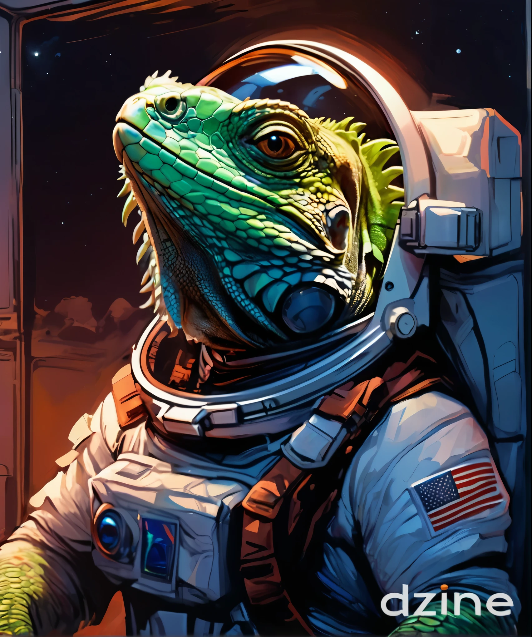 lizard in spacesuit with helmet and American flag on chest, reptilian extraterrestrial, science fiction lizard alien, lizard Man art, sci-fi lizard Man, amazing space creature 4k, hedgehog cosmonaut portrait, inspired by Bob Eggleton, lizard person, lizard Man, Detailed digital illustration, portrait of prize-winning creature, science fiction illustrations