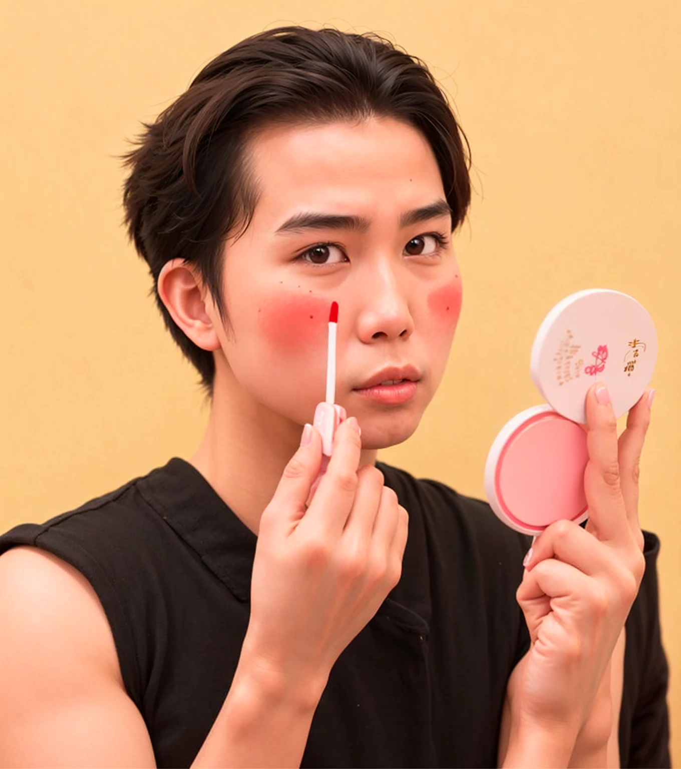 Asian boy, good lighting, smooth, glossy skin, blur background, high quality, 8k resolution, pores, realistic skin, makeup, drunk blush, red blush, powder compact