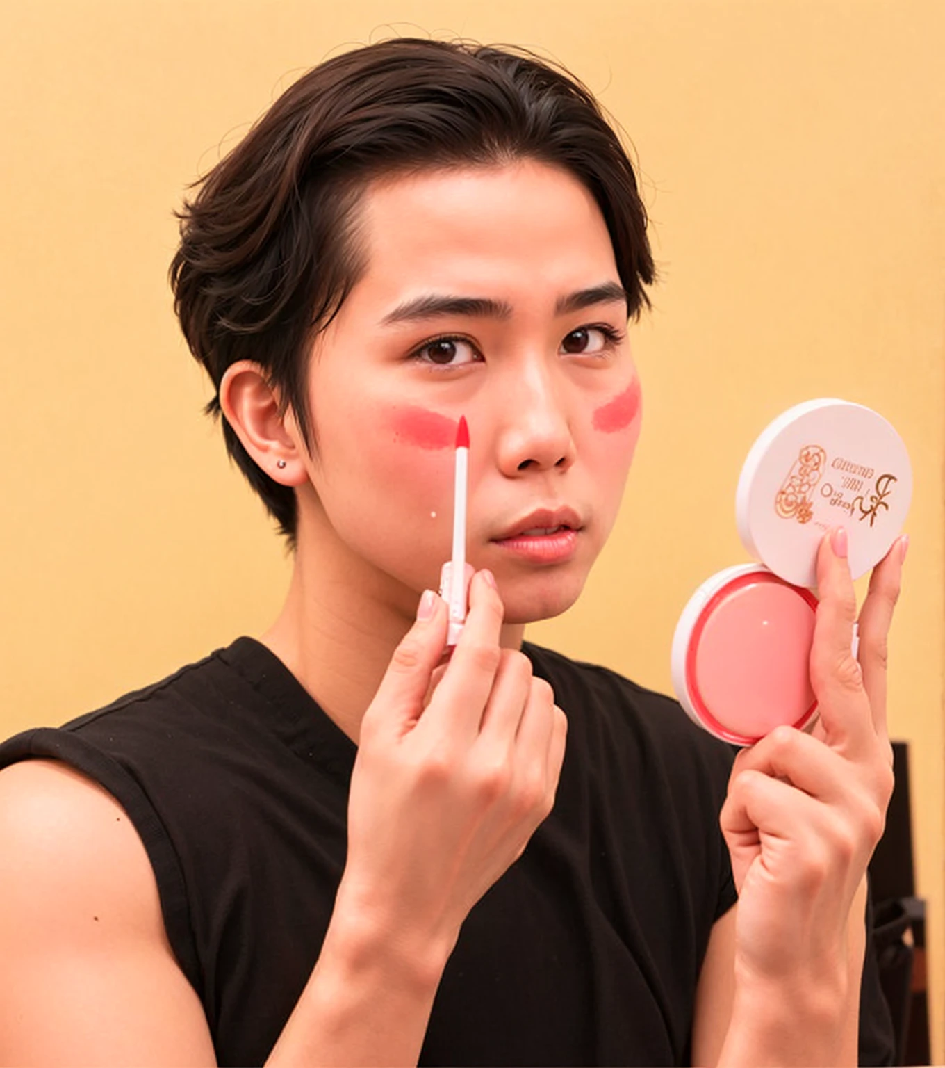 Asian boy, good lighting, smooth, glossy skin, blur background, high quality, 8k resolution, pores, realistic skin, makeup, drunk blush, red blush, powder compact