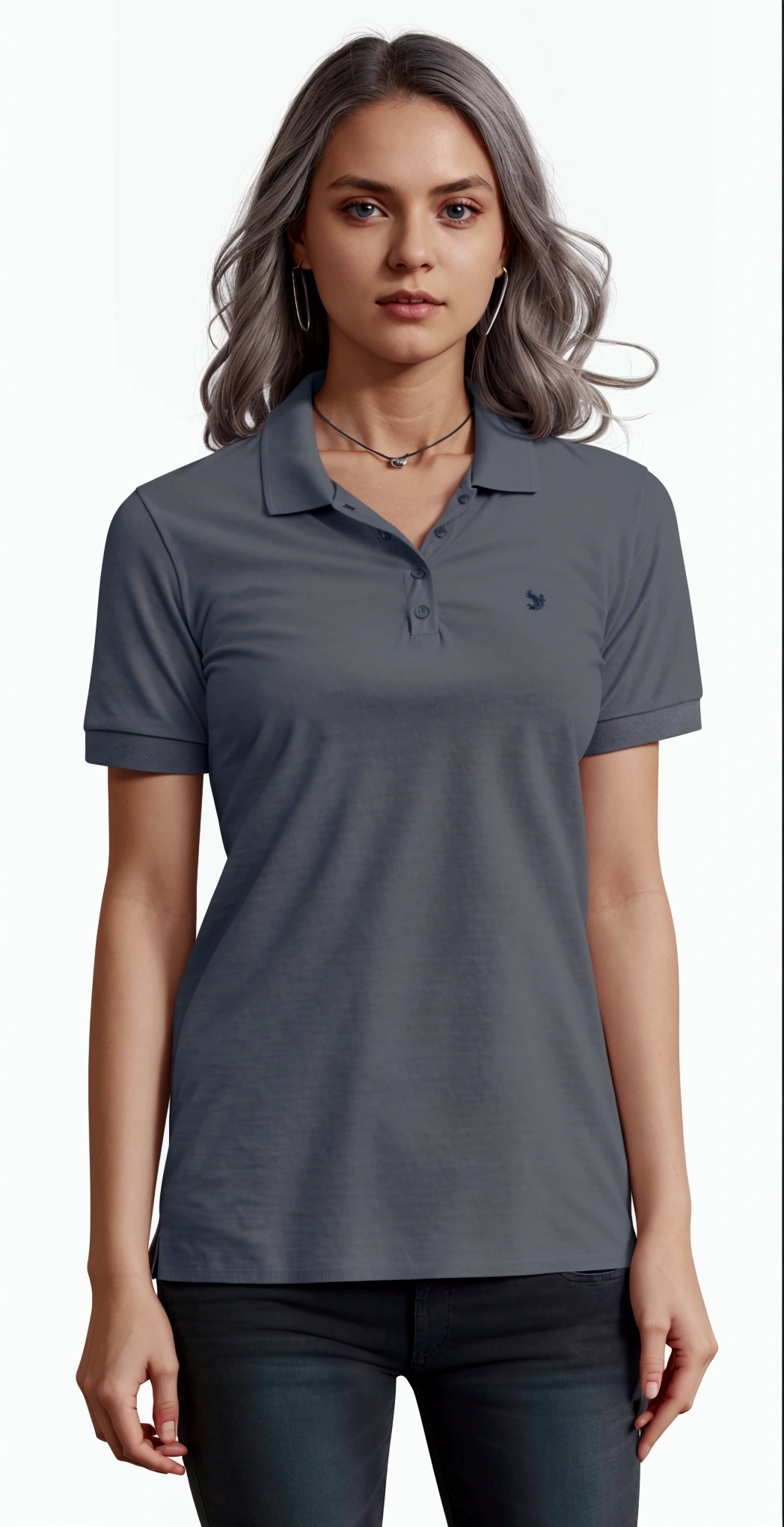 a woman wearing a gray polo shirt and jeans, gray shirt, wearing polo shirt, manga curta, collar shirt, wearing a dark blue polo shirt, academic clothes, in a dark teal polo shirt, in metallic gray, gray screen, neck collar, in a dark green polo shirt, gray dark, steel gray body, neckleace, casual outfit