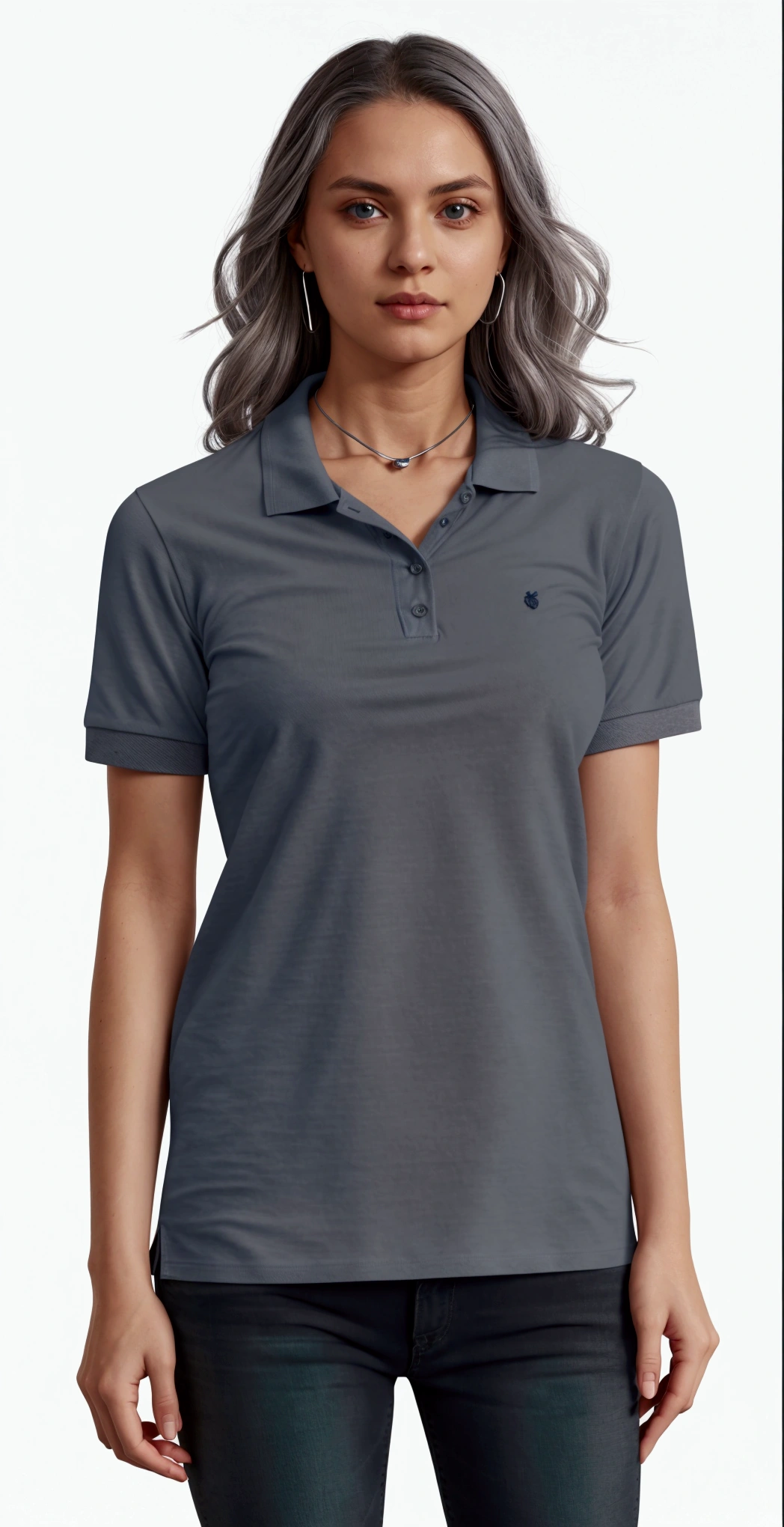 a woman wearing a gray polo shirt and jeans, gray shirt, wearing polo shirt, manga curta, collar shirt, wearing a dark blue polo shirt, academic clothes, in a dark teal polo shirt, in metallic gray, gray screen, neck collar, in a dark green polo shirt, gray dark, steel gray body, neckleace, casual outfit