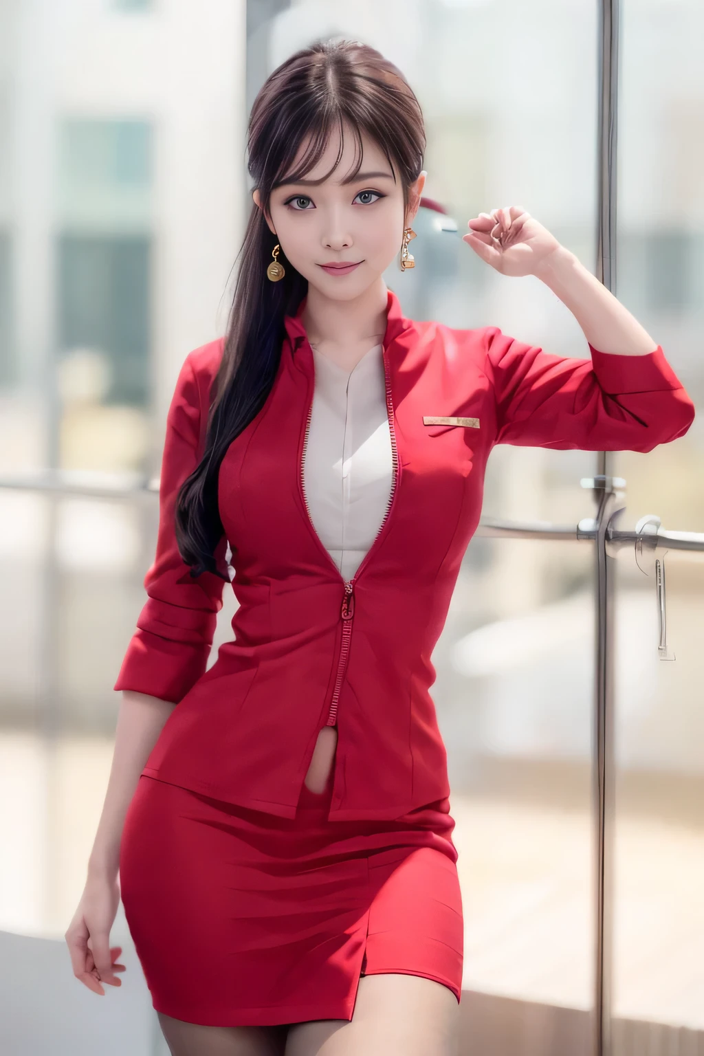 (masterpiece:1.2, Highest quality:1.2), 32k HDR, High resolution, (alone, 1 Girl), （AirAsia stewardess uniform realistic style）, A proper woman, Beautiful Face, Brown Hair, (Long hair down to the legs), (Red jacket:1.1, Unzipped jacket, Unbuttoned white shirt:1.05, Red mini skirt:1.1, pantyhose),（Showing big  through cleavage in unbuttoned white shirt）、（long hair that reaches down to the legs）、Perfect slim body:1.1, Huge breasts, huge breasts cleavage, Detailed skin texture, Beautiful Eyes, (Attractive look:1.2), necklace、Earrings、(forward leaning posture:1.5）, On the roof of a building, Rooftop at daytime,Blue eyes、Hands should be lowered