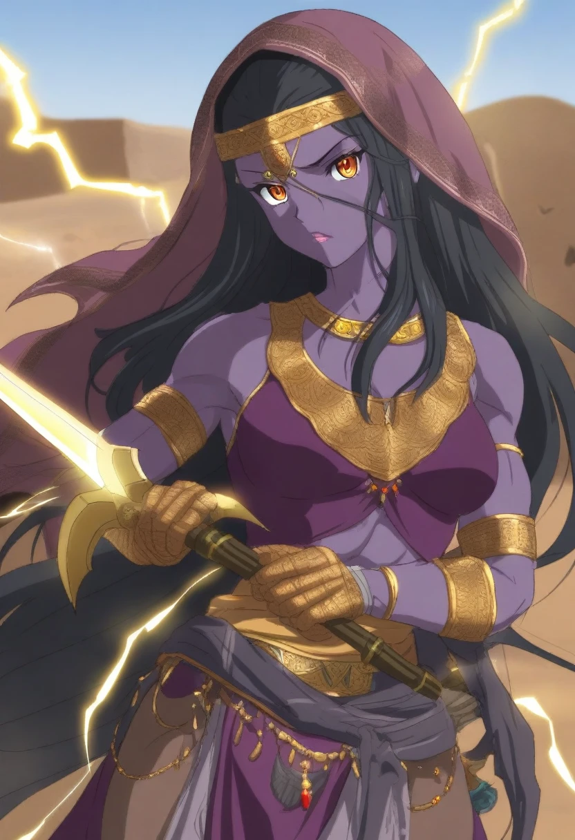 {{portrait, dutch angle}} {{Artist: Sincos}} 1girl, solo, toned female, mature female, medium breasts, black hair, long hair, chocolate skin, muscular, amber eyes, sharp eyes, full lips, leather armour, purple clothing, Arabian clothing, desert clothing, holding glaive, outdoors, desert, ruins, looking at viewer, standing, sunny, Middle Eastern Fantasy, day, lightning weapon, yellow lightning, glaive, arms wrapped in bandages, veil, purple face veil