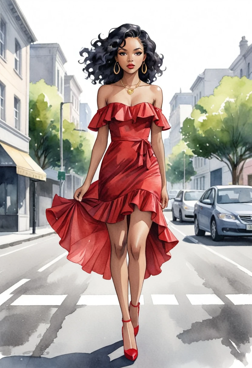 In a 2D watercolor, anime-style, eye-level illustration, an African woman with long black hair and an off-shoulder red dress walks toward the viewer along a gray asphalt road. She is dressed in a short, off-the-shoulder dress with ruffles at the bottom and off-the-shoulder sleeves. Her hair is styled in curls that cascade down to her shoulders. Her lips are a deep red and she wears a gold necklace with a small pendant. Her eyes are closed and her mouth is open. The dress is fitted at the waist with a slim fit and has a ruffled bottom that cascades down to the knees. the road she is walking on is gray asphalt and has a curb that curves around her. The background is blurred, but it appears to be a blurred image of a tree or building. by Lois van Baarle and Rossdraw  and Sophie Wilkinsby Sophie Wilkins and Stephanie Pui-Mun Law