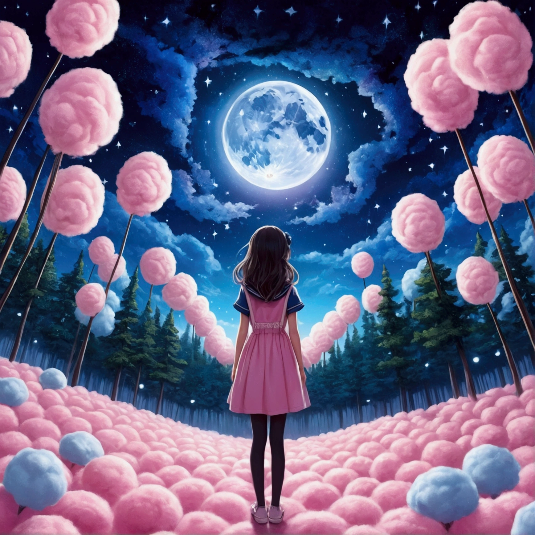 A starry night surrounded by cotton candy, Cotton Candy Forest, Girl, Anime Style